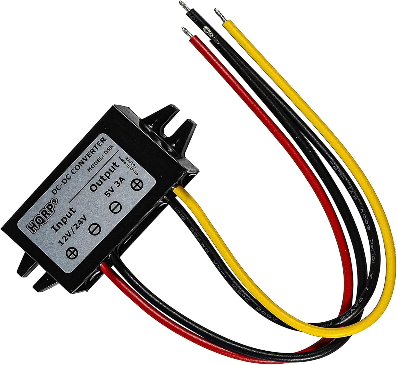 DC-DC CONVERTER DSK  
MODEL: 230201  
Made in China  
Input: 12V/24V  
Output: 5V 3A  
HQRP  
SOAWG 1050C