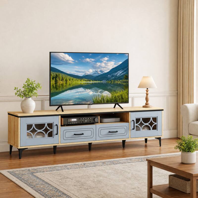 Angle. WELLFOR - Farmhouse Entertainment Center with 2 Drawers& 2 Doors, TV Stand for TVs up to 80 Inch for Living Room - Oak and Gray.