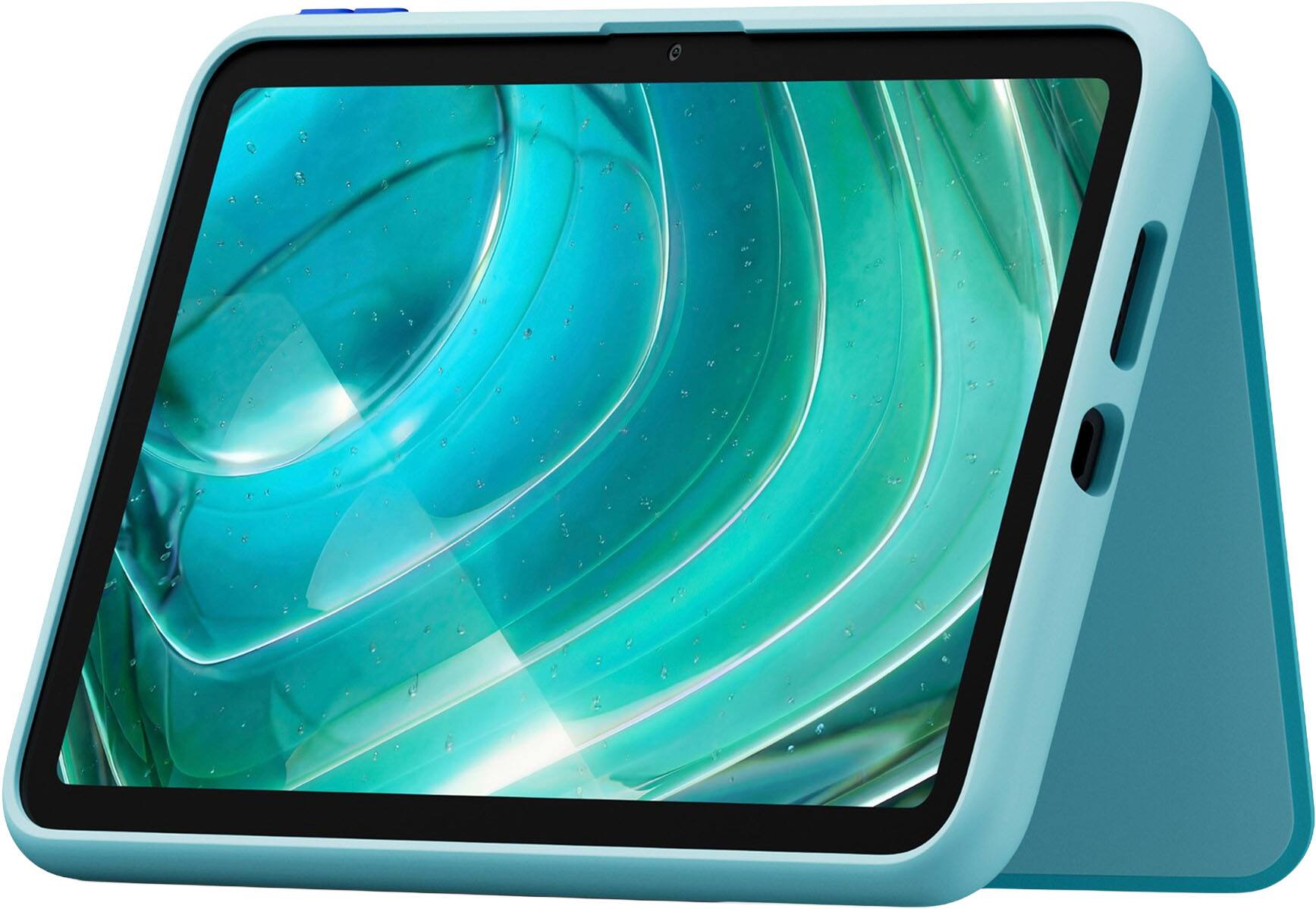 Angle. Amazon - Amazon Kids Tablet 8 Case for Ages 6+ – Protective and Slim, with Built-in Landscape and Portrait Stand - Aquatic.