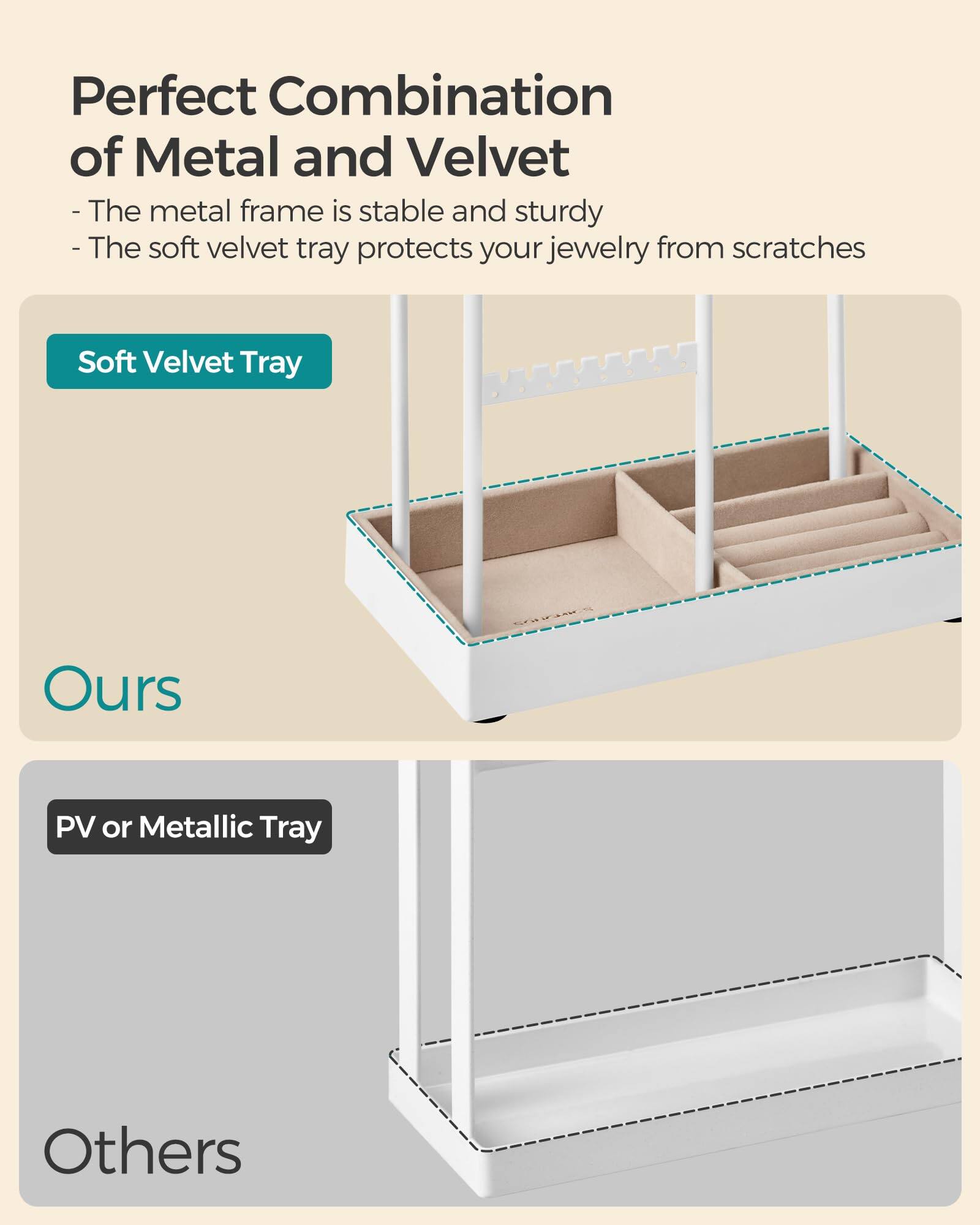 Perfect Combination of Metal and Velvet  
- The metal frame is stable and sturdy  
- The soft velvet tray protects your jewelry from scratches  

Soft Velvet Tray  
Ours  

PV or Metallic Tray  
Others