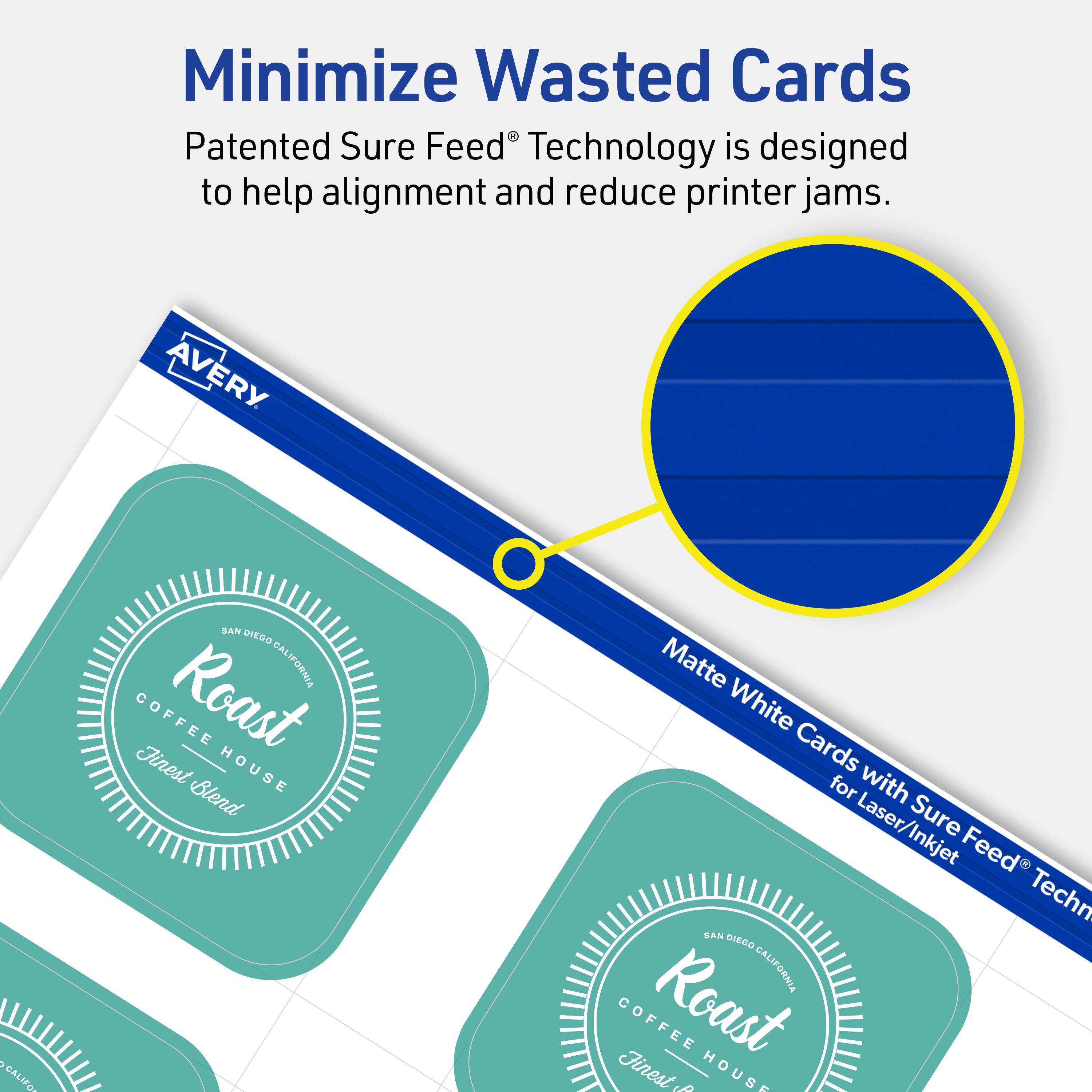Minimize Wasted Cards

Patented Sure Feed® Technology is designed to help alignment and reduce printer jams.

AVERY VA a CALIFORNIA COFFEE Roast Finest HOUSE Blend Matte White Cards for Laser/Inkjet Sure Feed® Technology

SAN DIEGO CALIFORNIA COFFEE Roast Finest HOUSE Blend