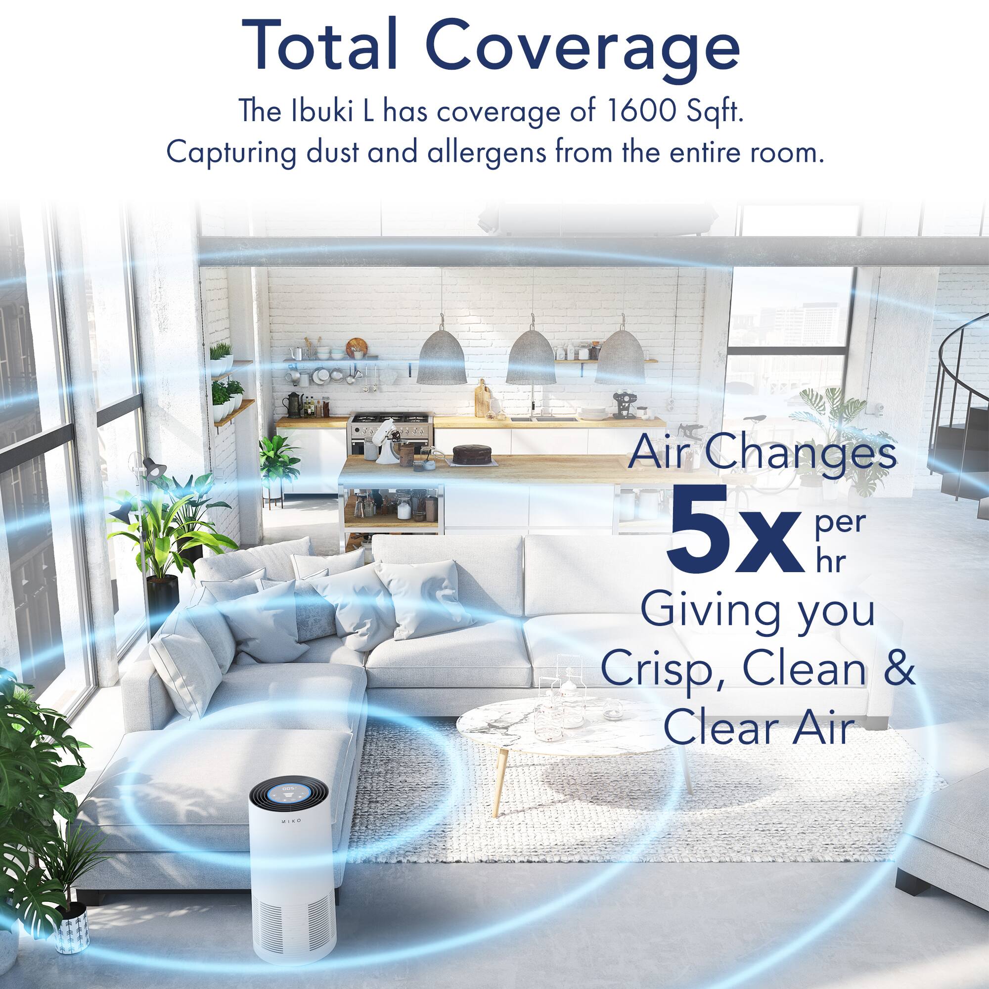 Total Coverage: The Ibuki L has coverage of 1600 Sqft. Capturing dust and allergens from the entire room.

Air Changes: 5x per hr Giving you Crisp, Clean & Clear Air