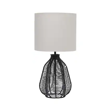 Front. Crescents Edge - Boho Coastal Rattan Wicker Nightstand Lamp - Black.