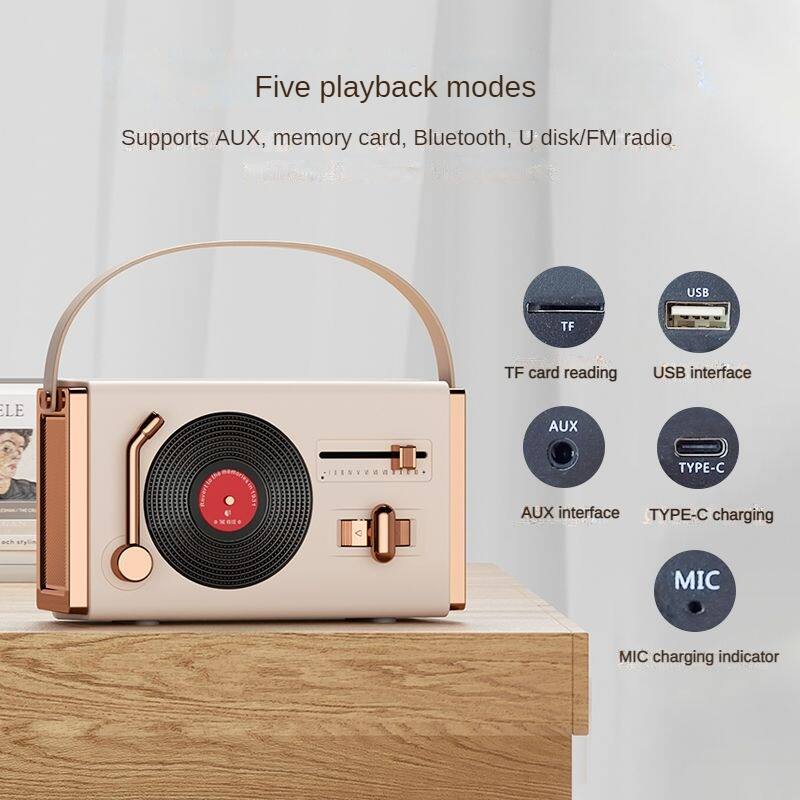 Five playback modes  
Supports AUX, memory card, Bluetooth, U disk/FM radio  

- TF card reading  
- USB interface  
- AUX interface  
- TYPE-C charging  
- MIC charging indicator