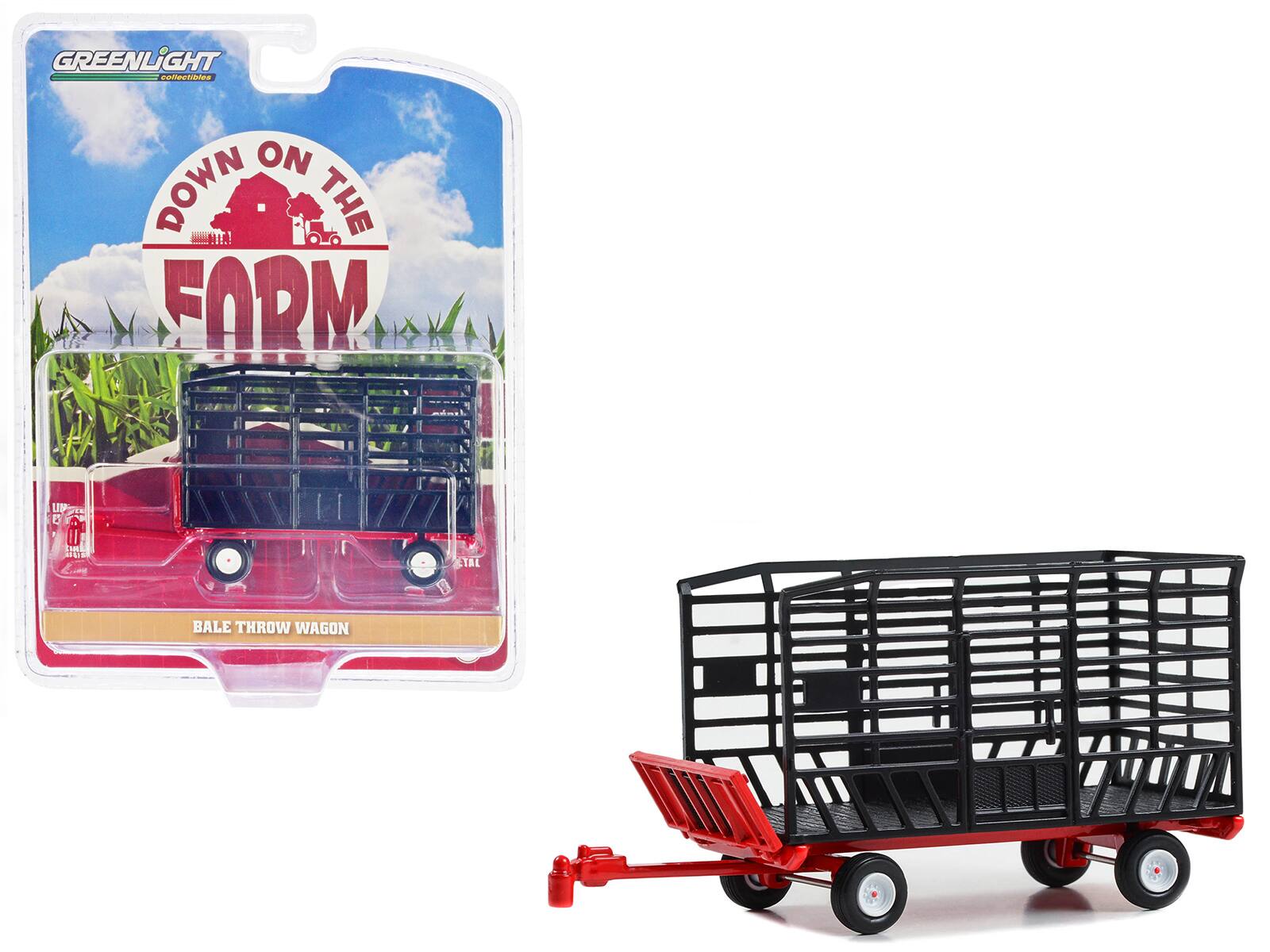 Bale Throw Wagon "Down on the Farm" Series 8 1/64 Diecast Model by Greenlight - Black And Red