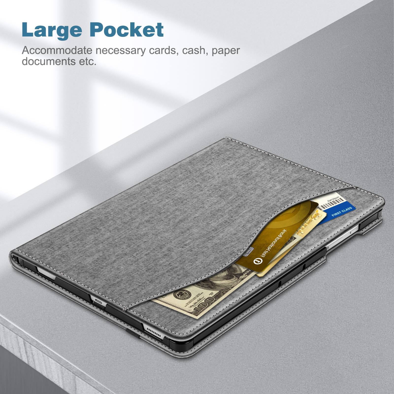 Large Pocket  
Accommodate necessary cards, cash, paper documents etc.  

Bank First National  
- FIRST CLASS  
- 11/1