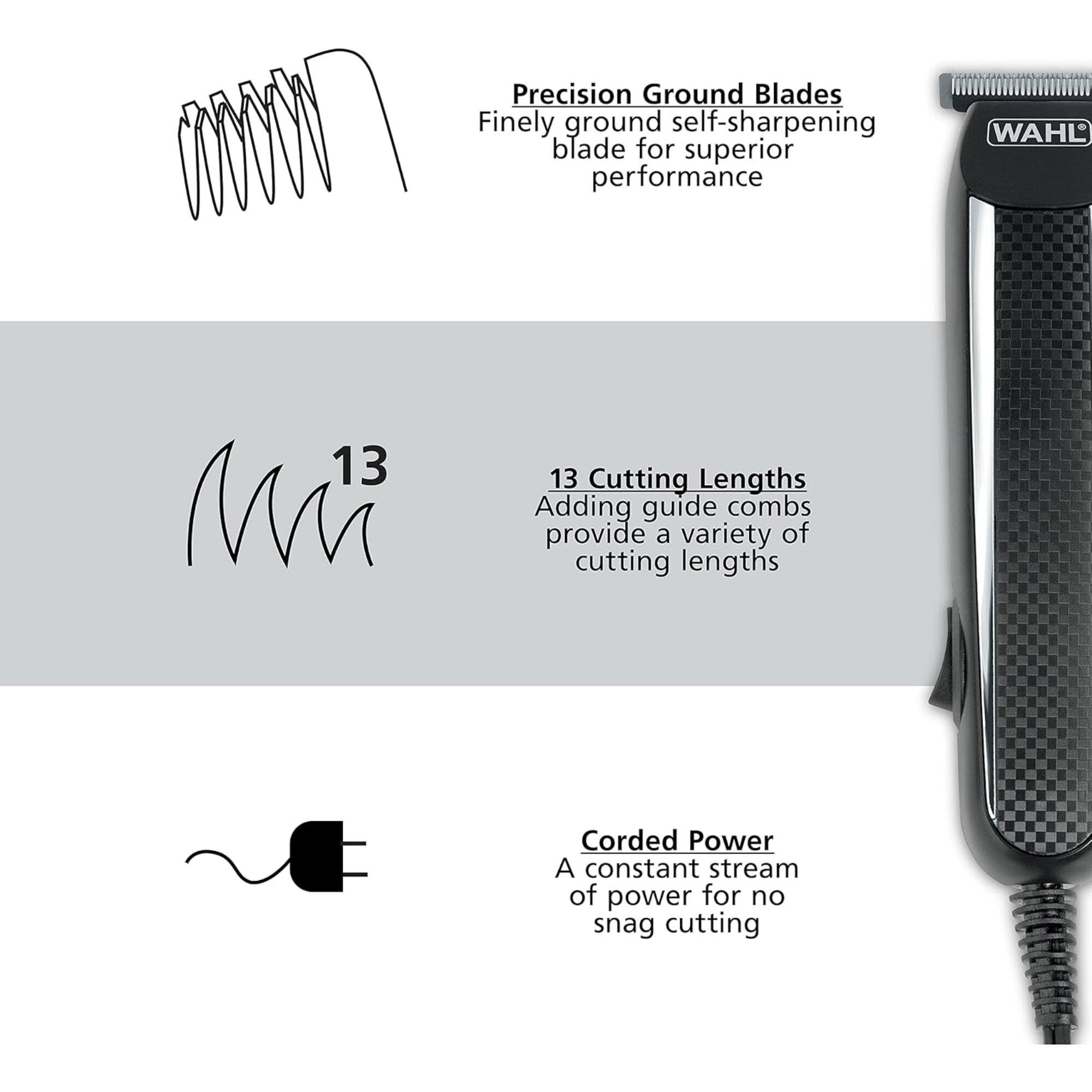 Precision Ground Blades  
Finely ground self-sharpening blade for superior performance

13 Cutting Lengths  
Adding guide combs provide a variety of cutting lengths

Corded Power  
A constant stream of power for no snag cutting