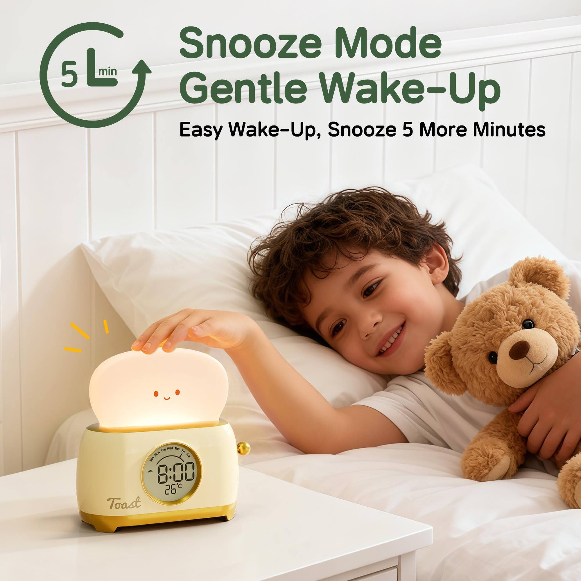 5 L min Snooze Mode Gentle Wake-Up Easy Wake-Up, Snooze 5 More Minutes

Toast