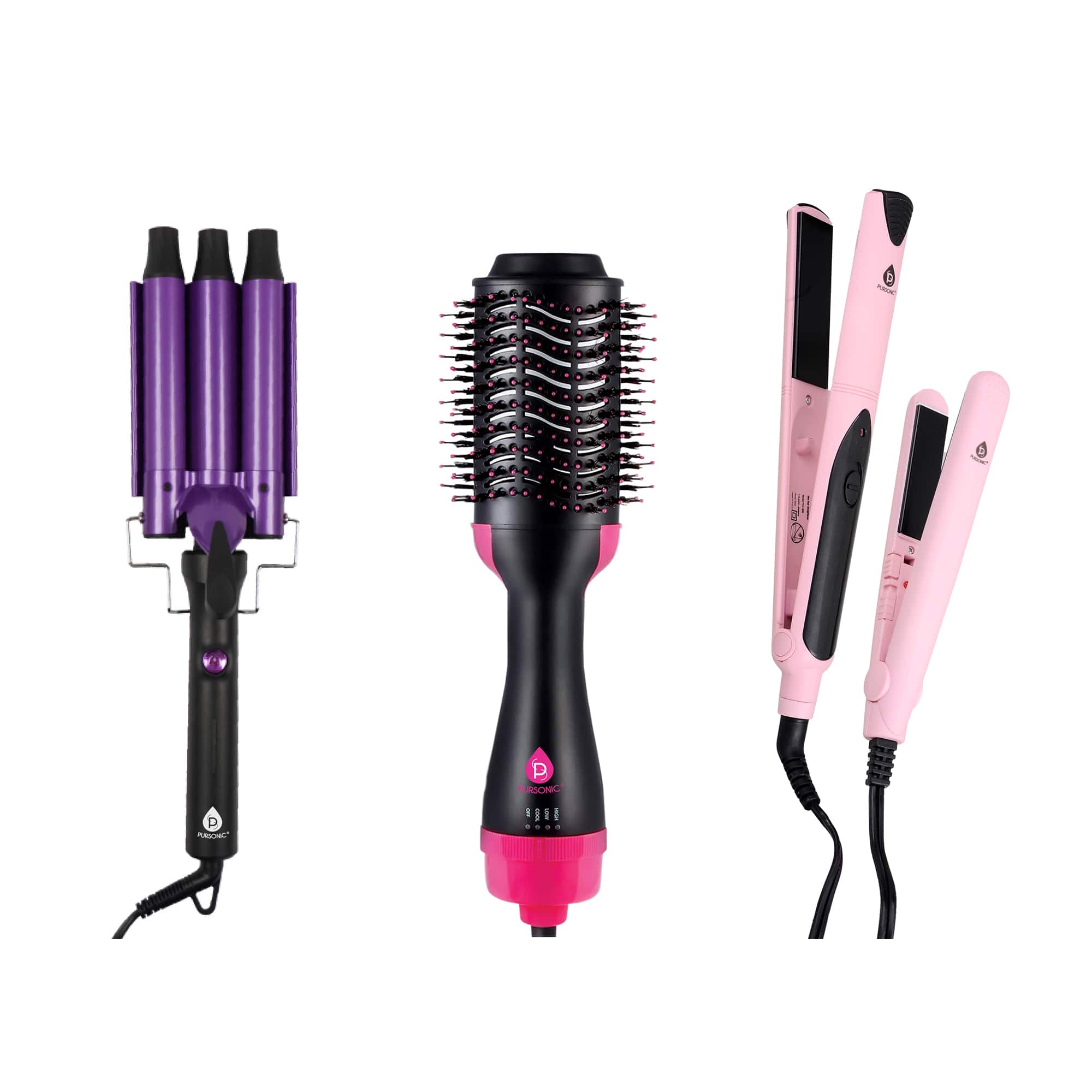 Pursonic - Professional Hair Styling Trio: Triple Barrel Curler, One-Step Volumizer & Flat Iron Duo Pack