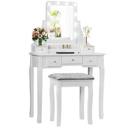 Costway - Vanity Dressing Table Set w/ 10 Dimmable Bulbs Touch Switch Cushion Stool - White