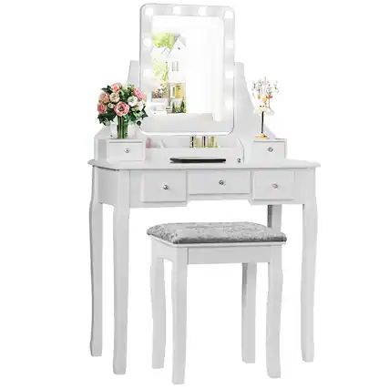 Front. Costway - Costway Vanity Dressing Table Set w/ 10 Dimmable Bulbs Touch Switch Cushion Stool - White.