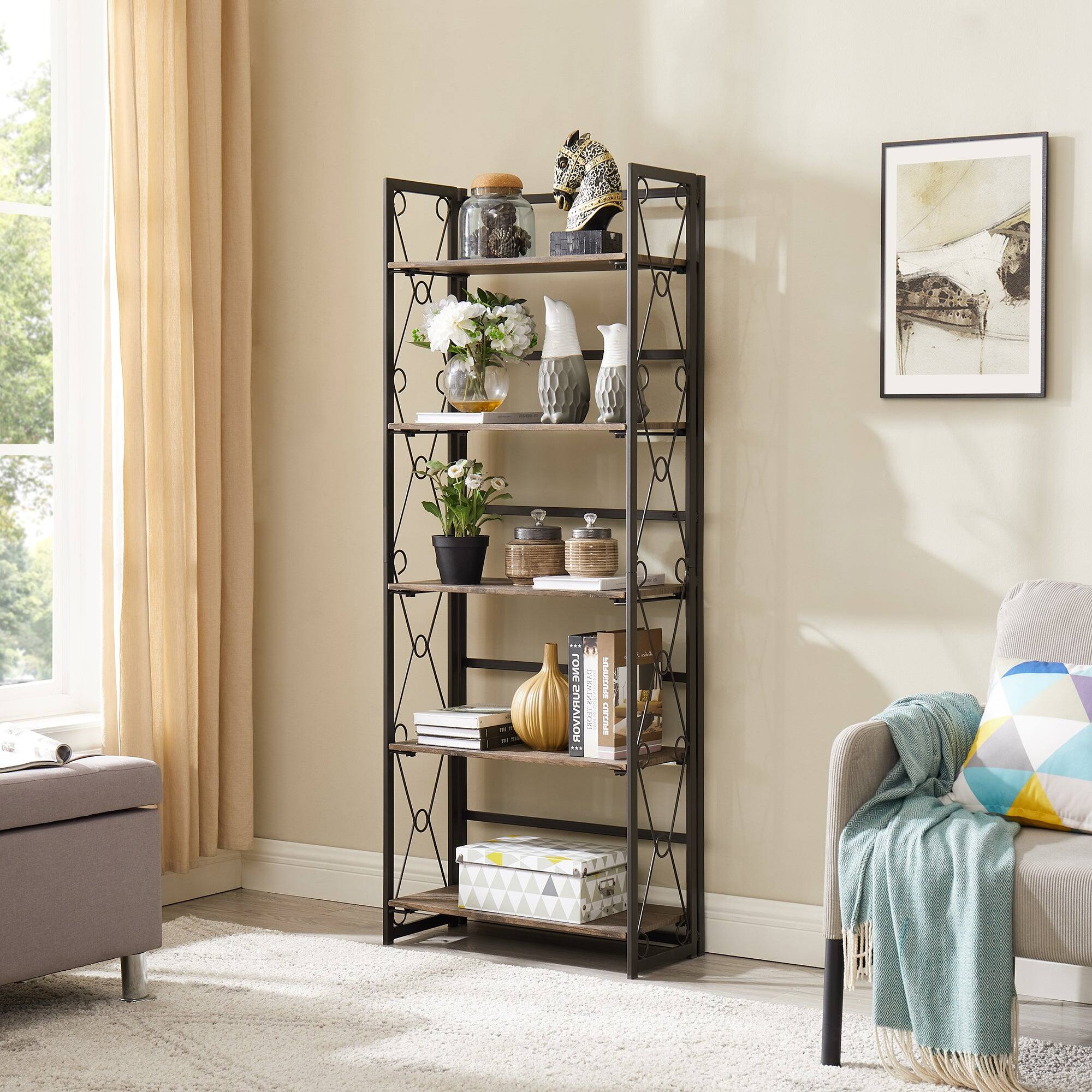 Back. Vecelo - 5-Tier No Assembly Folding Bookshelf - Sturdy Metal Frame, Display Stand Shelves, Space-Saving Storage for Home & Office - gray.