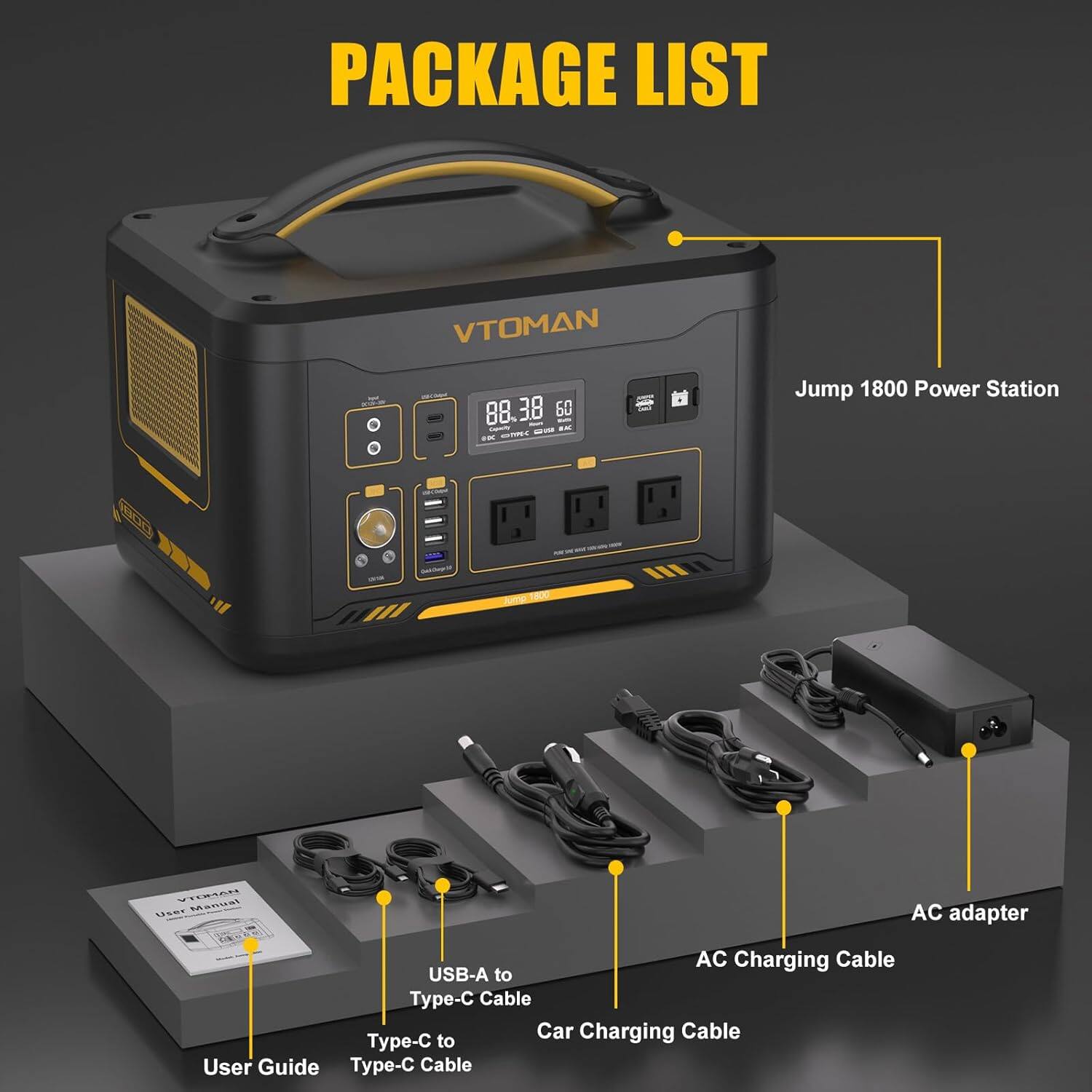 PACKAGE LIST

- VTOMAN Jump 1800 Power Station
- AC adapter
- AC Charging Cable
- USB-A to Type-C Cable
- Type-C to Type-C Cable
- Car Charging Cable
- User Guide
