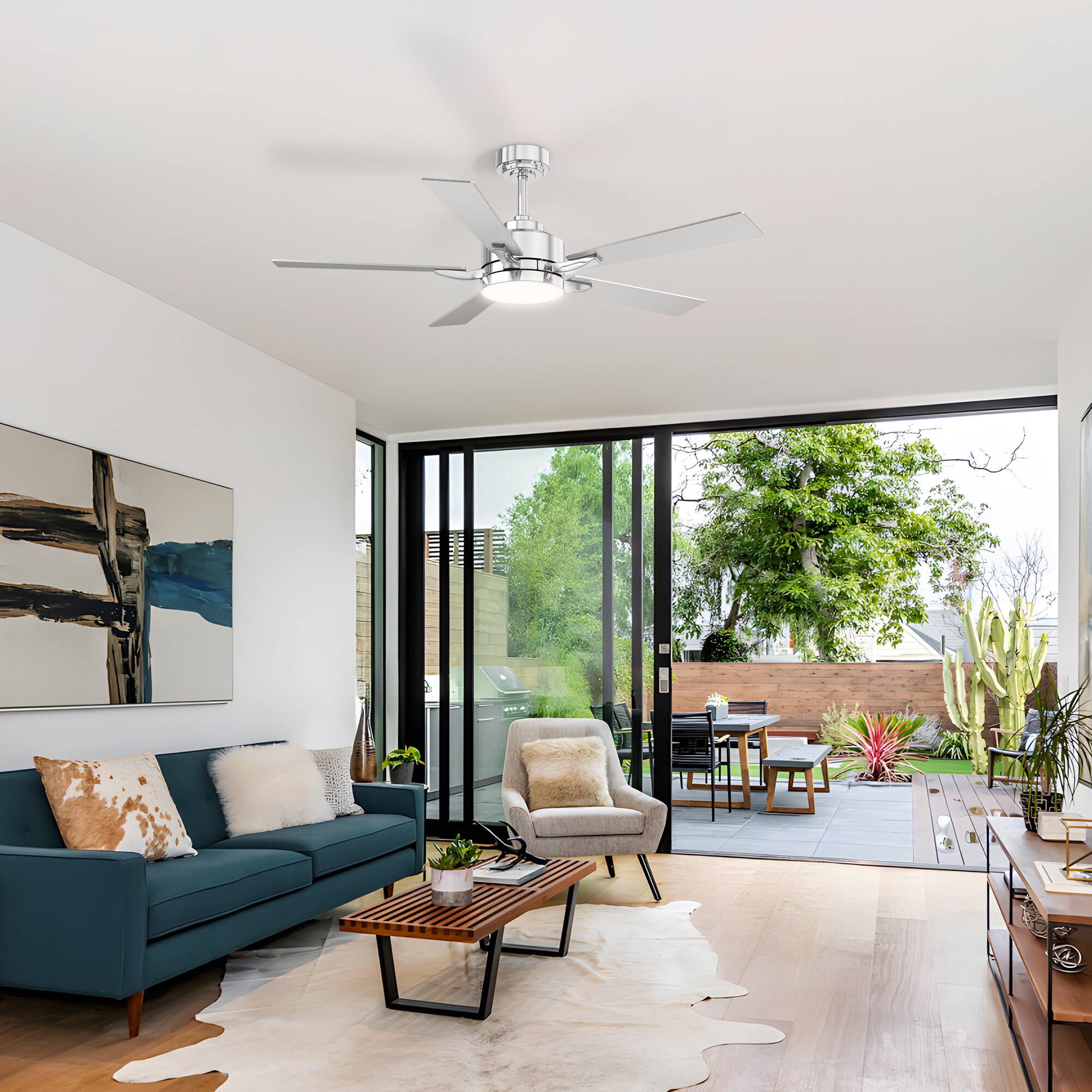 Front. Siljoy - 52" Modern Low Profile Ceiling Fan with Light,Smart APP/Remote,DC Reversible Motor,Dimmable LED for Bedroom/Living Room - Chrome.