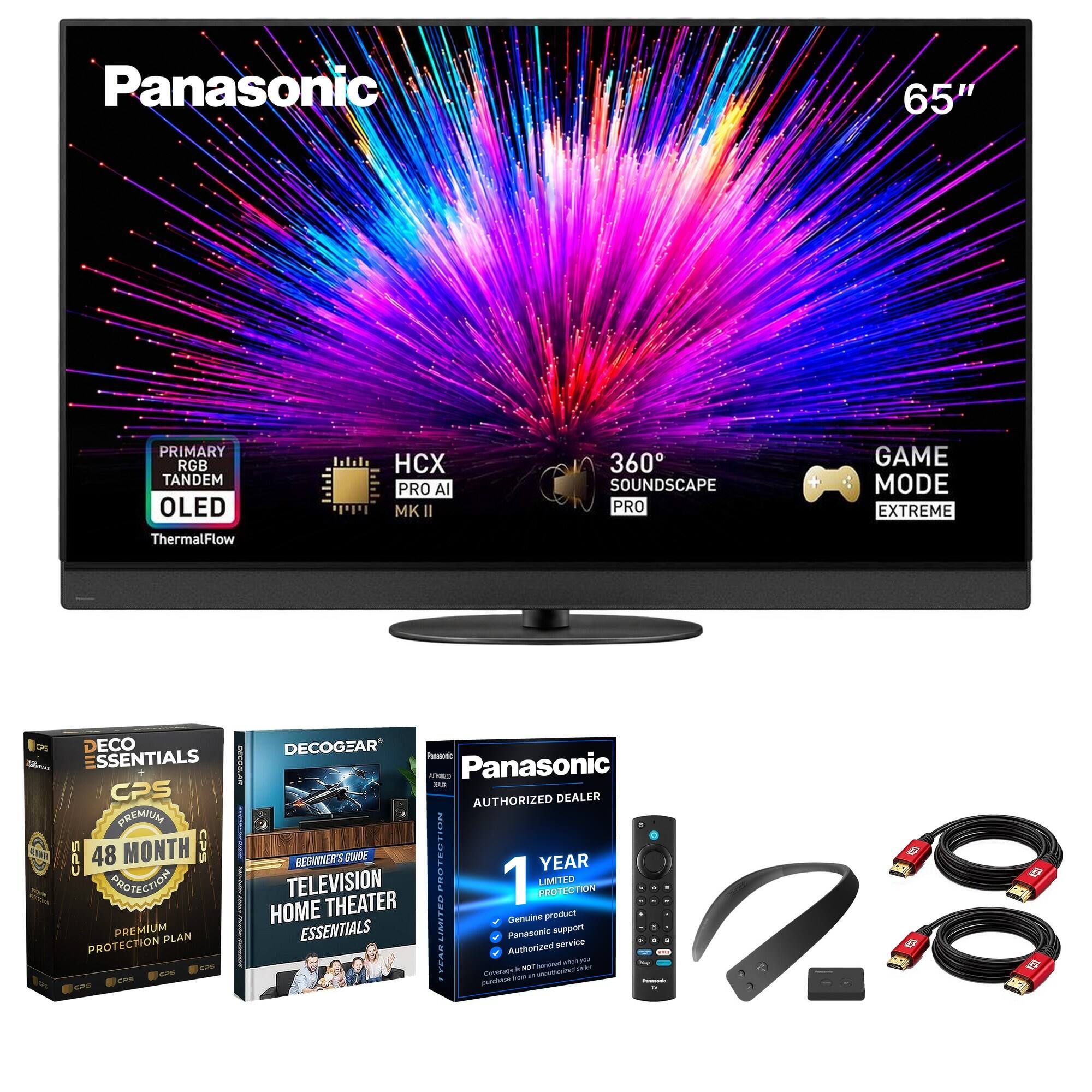 Panasonic  
65"  
PRIMARY RGB TANDEM OLED ThermalFlow  
HCX PRO AI MKII  
360 SOUNDSCAPE PRO  
GAME MODE EXTREME  

DECO ESSENTIALS CPS PREMIUM  
48 MONTH CPS PROTECTION  
PREMIUM PLAN PROTECTION  
CPS CAS  

DECOGEAR ADHATO Panasonic  
AUTHORIZED DEALER  
HOME TELEVISION  
BEGINNER'S THEATER GUIDE  
PROTECTION LIMITED 1 YEAR  
Genuine PROTECTION  
Limited product  
NOT a purchase  
Authorized service  
when sold by you