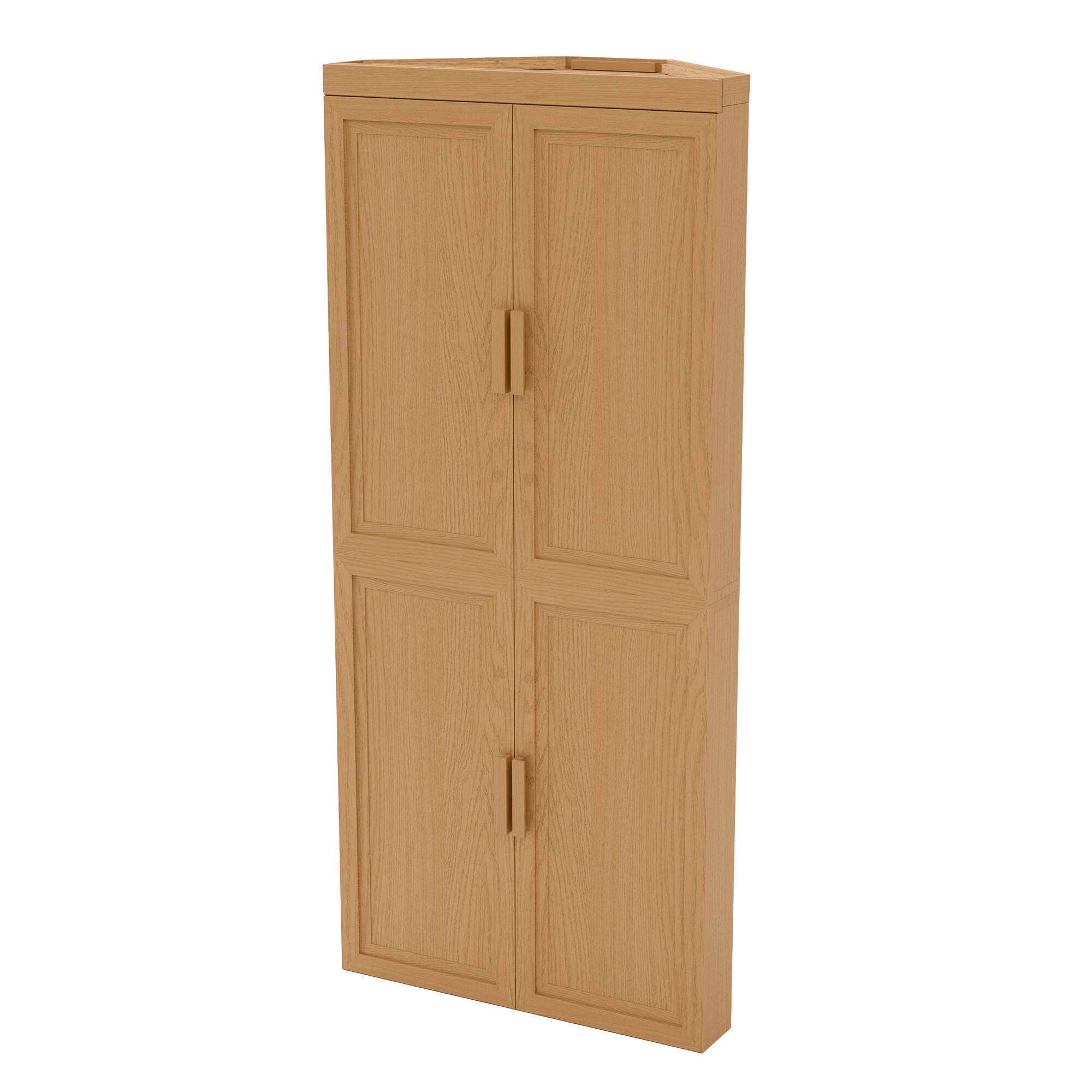 Left. PexFix - 72" Farmhouse Corner Accent Storage Cabinet with Solid Wood Doors and Adjustable Shelves for Space-Saving - Natural.