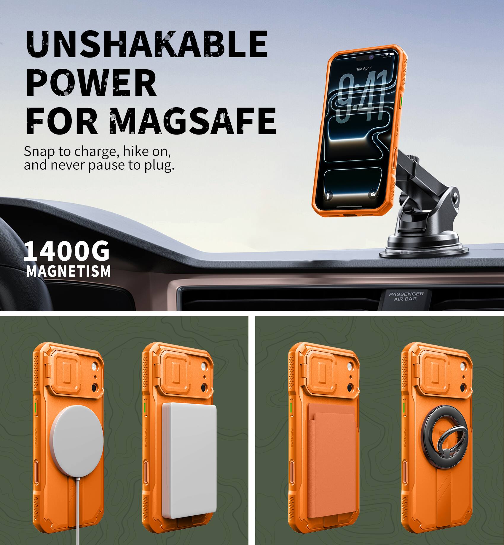 UNSHAKABLE POWER FOR MAGSAFE  
Snap to charge, hike on, and never pause to plug.  

1400G MAGNETISM  

PASSENGER AIR BAG
