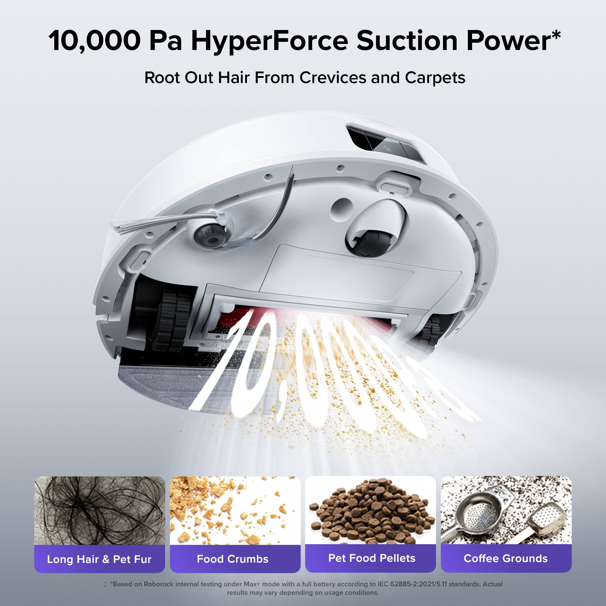 10,000 Pa HyperForce Suction Power* Root Out Hair From Crevices and Carpets Long Hair & Pet Fur Food Crumbs Pet Food Pellets Coffee Grounds : *Based on Roborock internal testing under * mode with a full battery according to EC 62885-2:2021/5.11 standards. Actual results may vary depending on usage conditions.