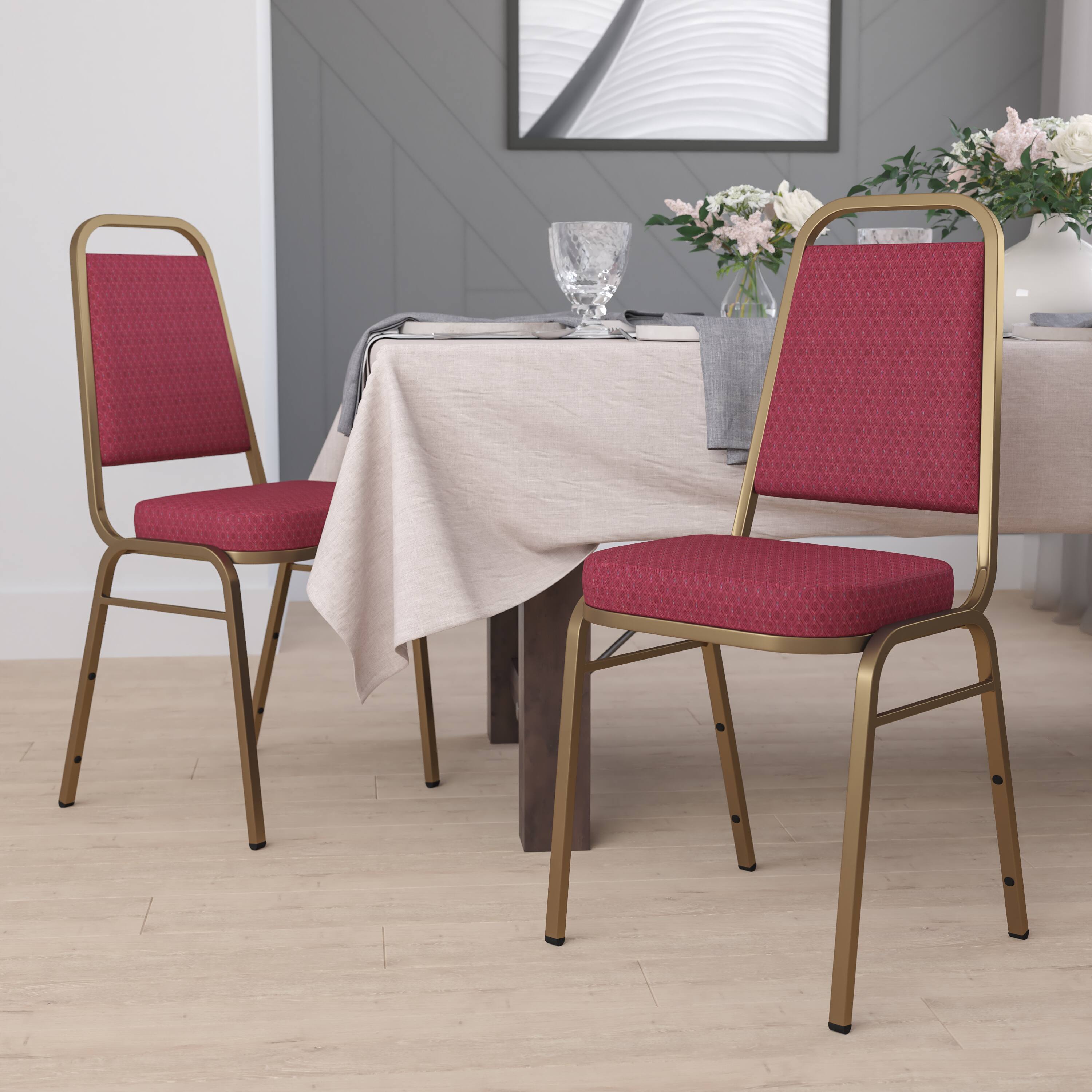 Alt View 2. Emma + Oliver - 4 Pack Trapezoidal Back Stacking Banquet Chair - Burgundy Patterned Fabric/Gold Frame.