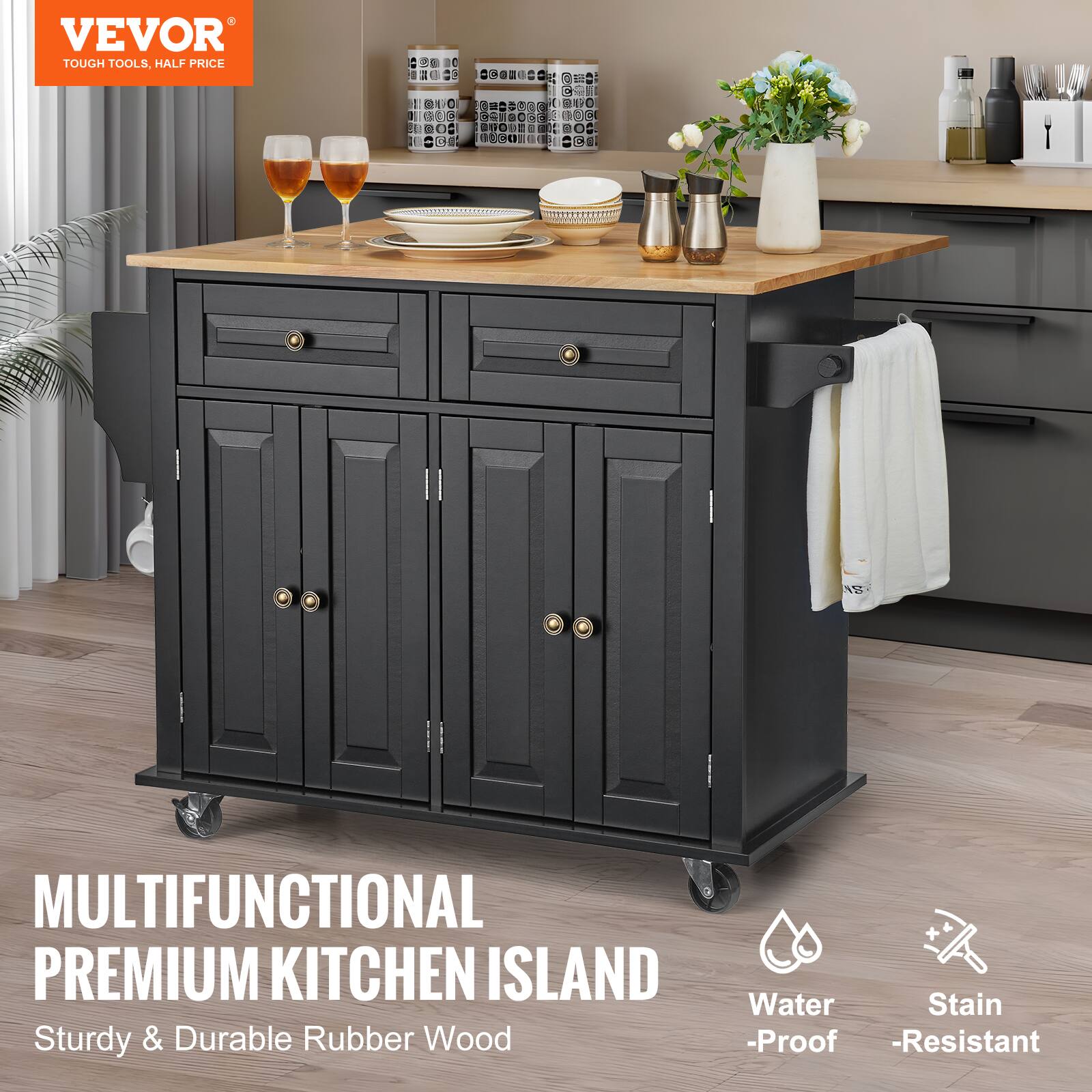 VEVOR TOUGH TOOLS, HALF PRICE MULTIFUNCTIONAL PREMIUM KITCHEN ISLAND Sturdy & Durable Rubber Wood Water Stain -Proof -Resistant