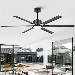 Breezary - 72-Inch Ceiling Fan with LED Light, DC Motor, 6 Aluminum Blades, Remote Control, 6 Speeds, Downrod Mount - Matte Black