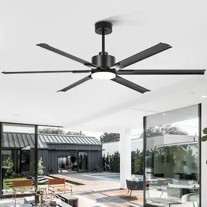Front. Breezary - 72-Inch Ceiling Fan with LED Light, DC Motor, 6 Aluminum Blades, Remote Control, 6 Speeds, Downrod Mount - Matte Black.