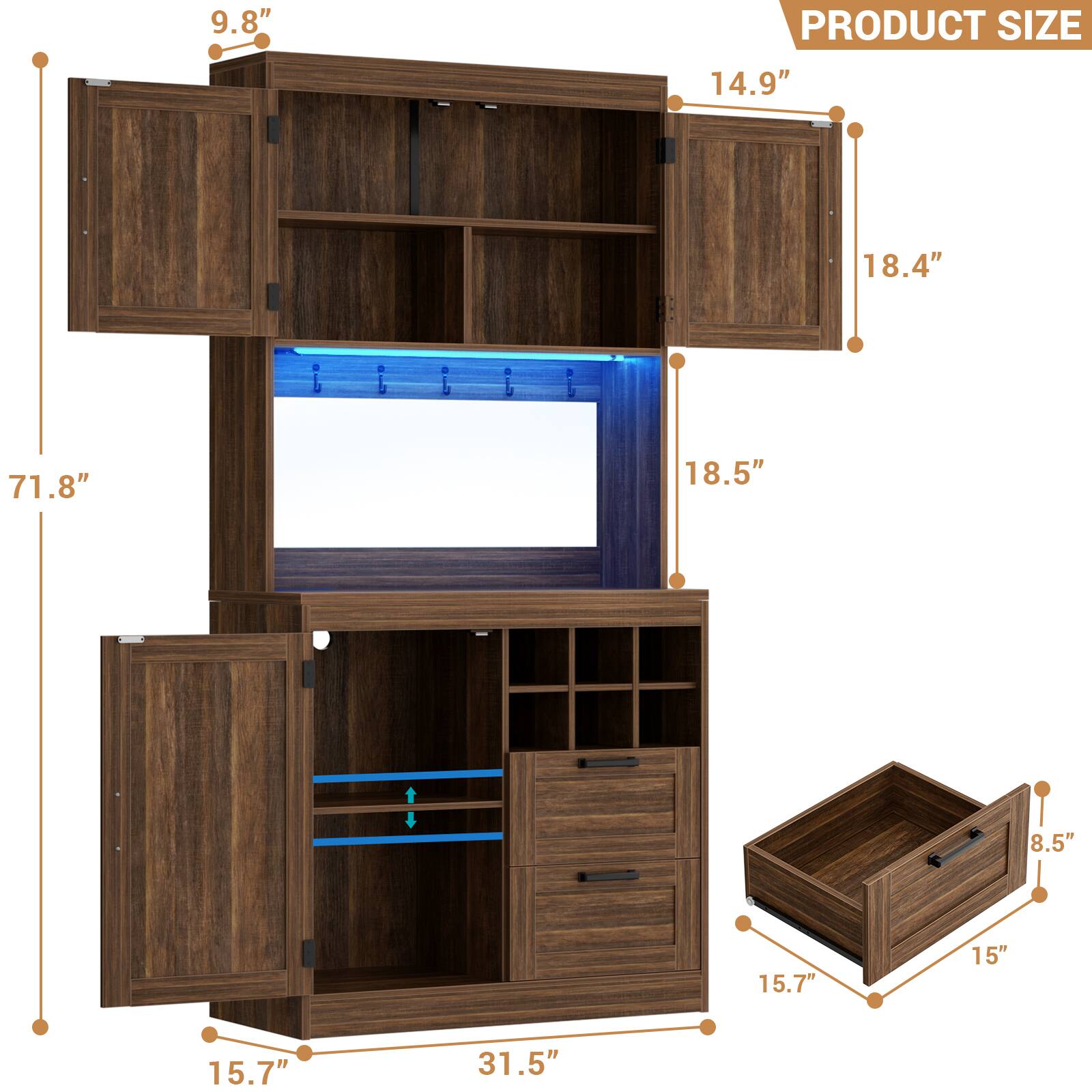 9.8"  
PRODUCT SIZE  
14.9"  
18.4"  
71.8"  
18.5"  
8.5"  
15.7"  
15"  
15.7"  
31.5"