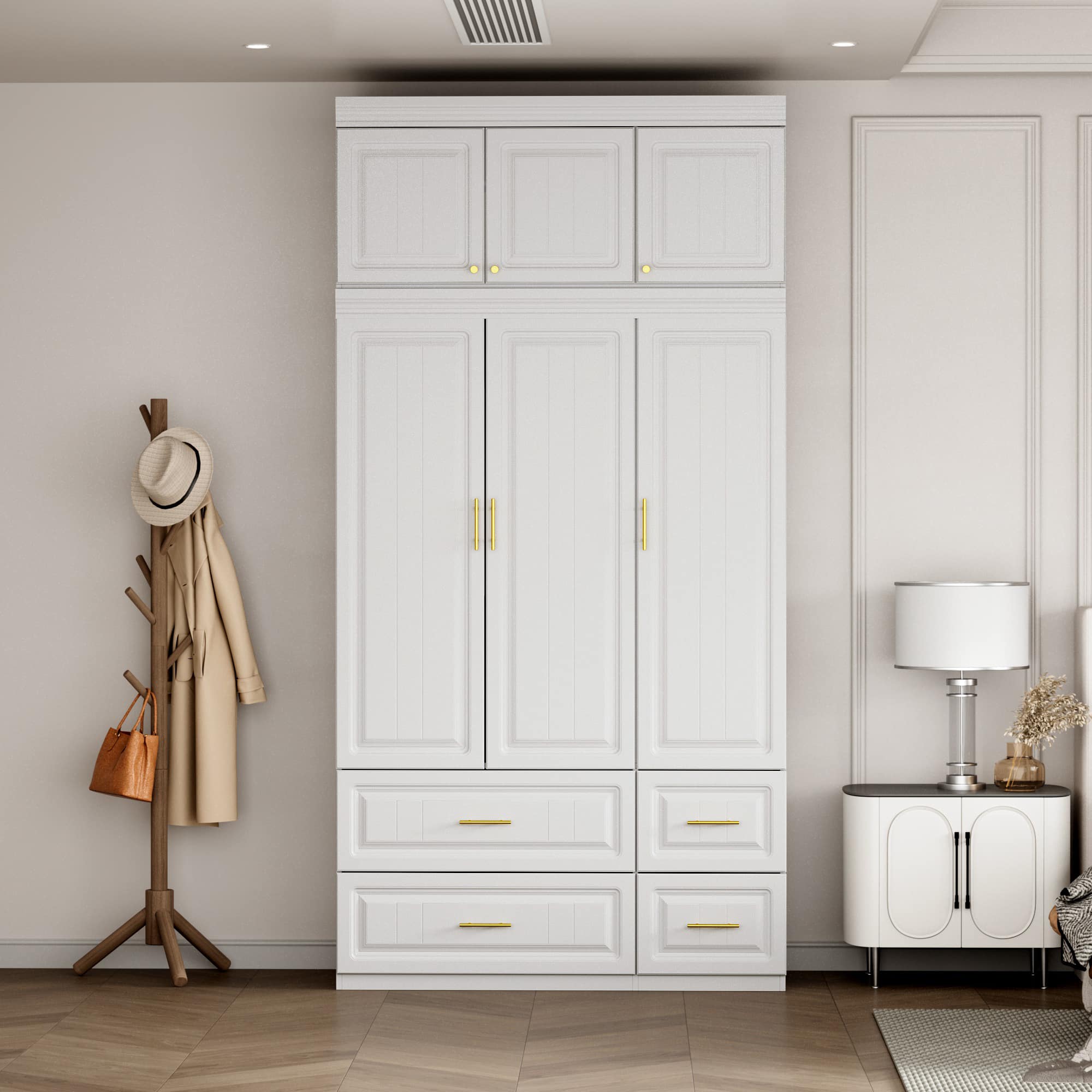 Famapy - Extra-Large Wardrobe with Top Cabinet – Closet with Gold Handles, Hanging Rods, Drawers & Shelving - White