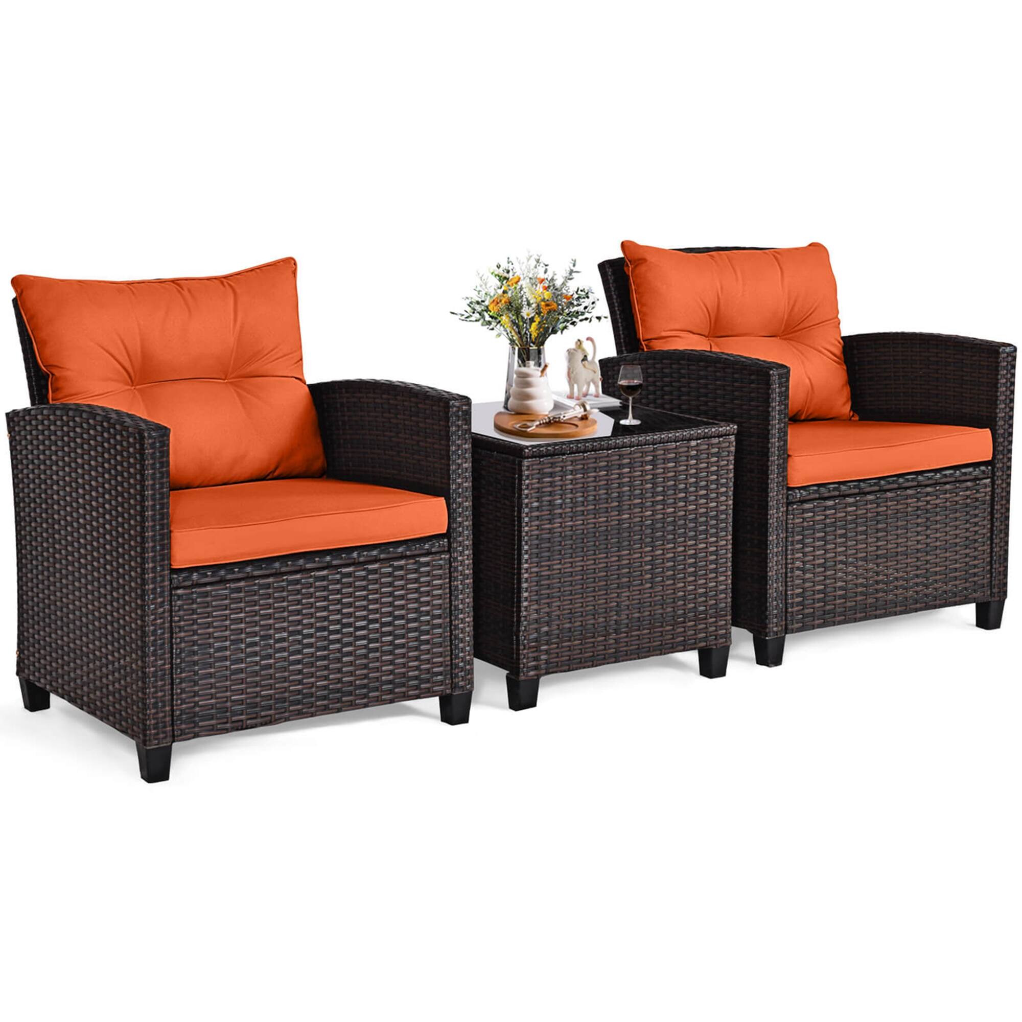 Alt View 6. Gymax - Gymax Set of 3 Rattan Furniture Set Patio Cushioned Conversation Set Sofa Orange - Orange.