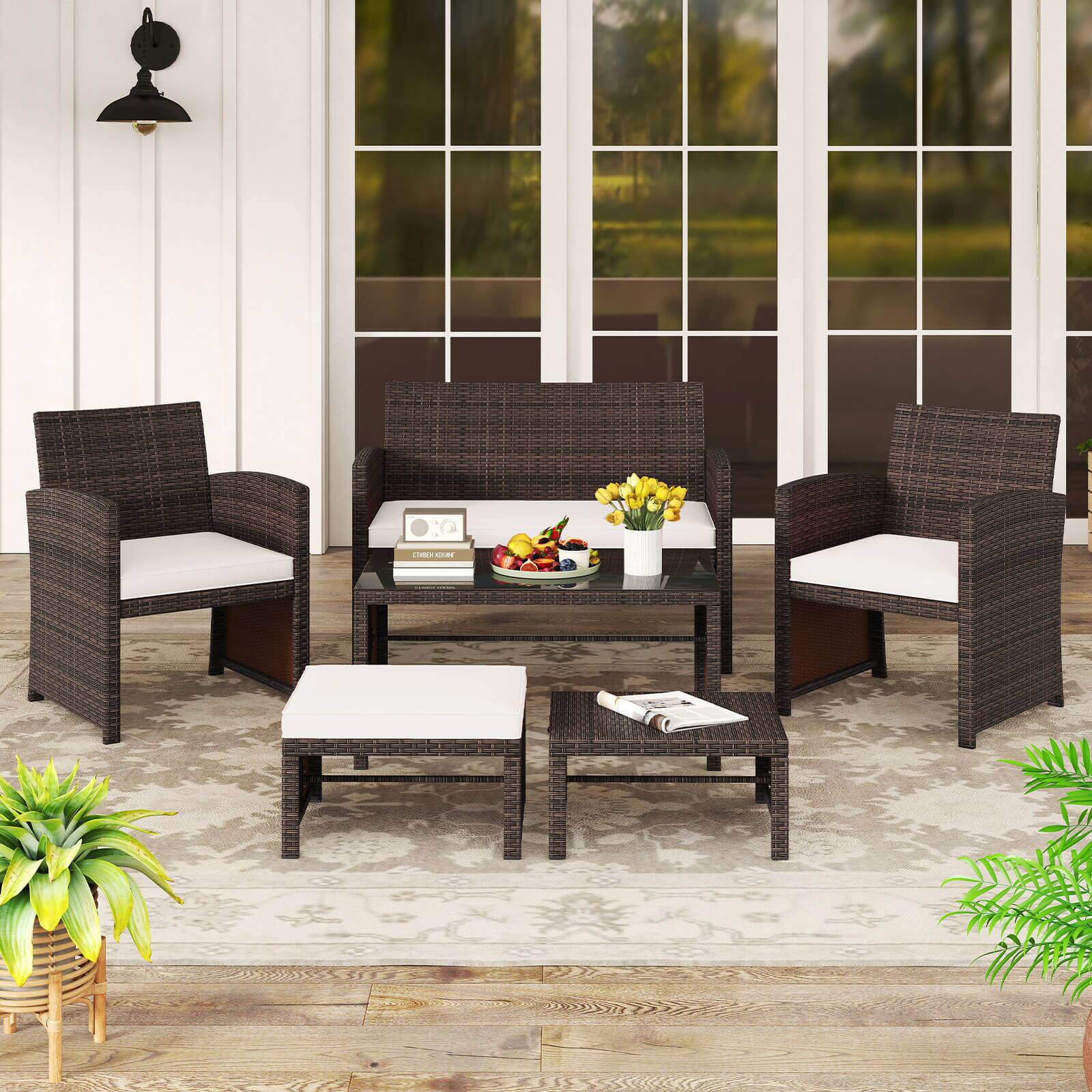 Alt View 4. Gymax - Gymax 6 PCS Patio Furniture Set w/ 1 Loveseat 1 Coffee Table 2 Armchairs 2 Ottomans White - Mix Brown, White.
