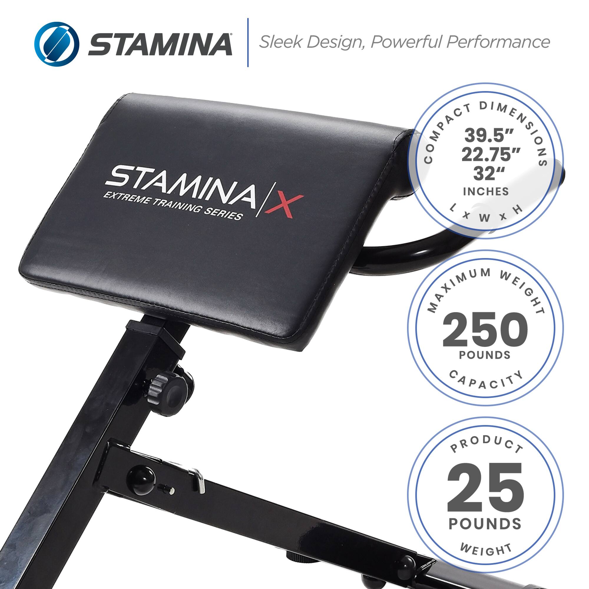 STAMINA  
Sleek Design, Powerful Performance  

STAMINA EXTREME TRAINING SERIES  

COMPACT DIMENSIONS  
39.5" x 22.75" x 32" INCHES  

MAXIMUM WEIGHT CAPACITY  
250 POUNDS  

PRODUCT WEIGHT  
25 POUNDS