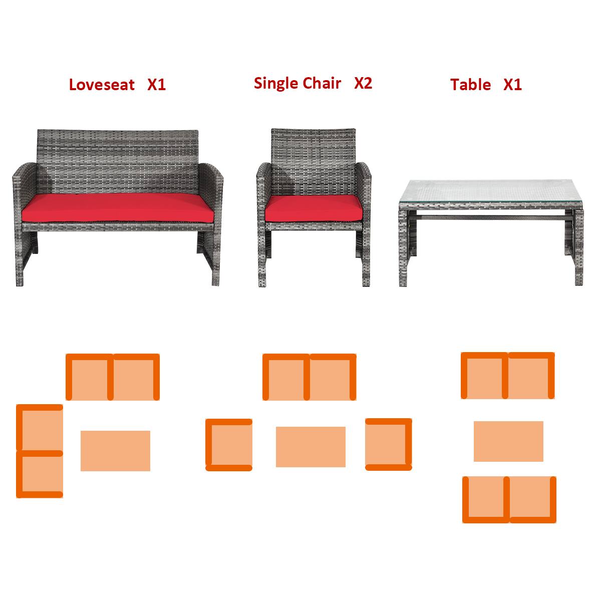 Loveseat X1, Single Chair X2, Table X1