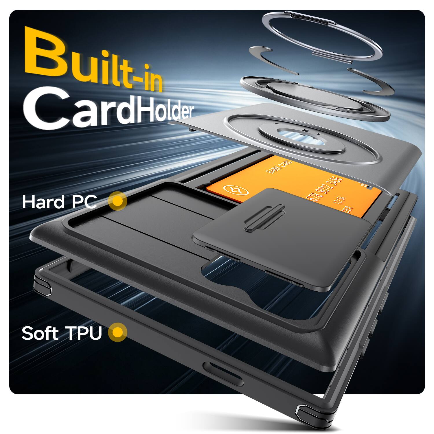 Built-in CardHolder

Hard PC

Soft TPU

BANK CARD
9012 3456 1 678 12/34 DER