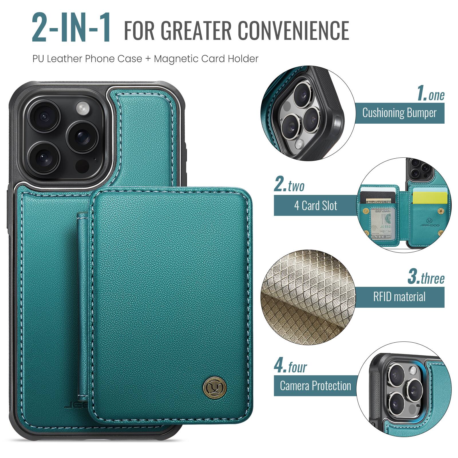 2-IN-1 FOR GREATER CONVENIENCE  
PU Leather Phone Case + Magnetic Card Holder  

1. one  
Cushioning Bumper  

2. two  
4 Card Slot  

3. three  
RFID material  

4. four  
Camera Protection