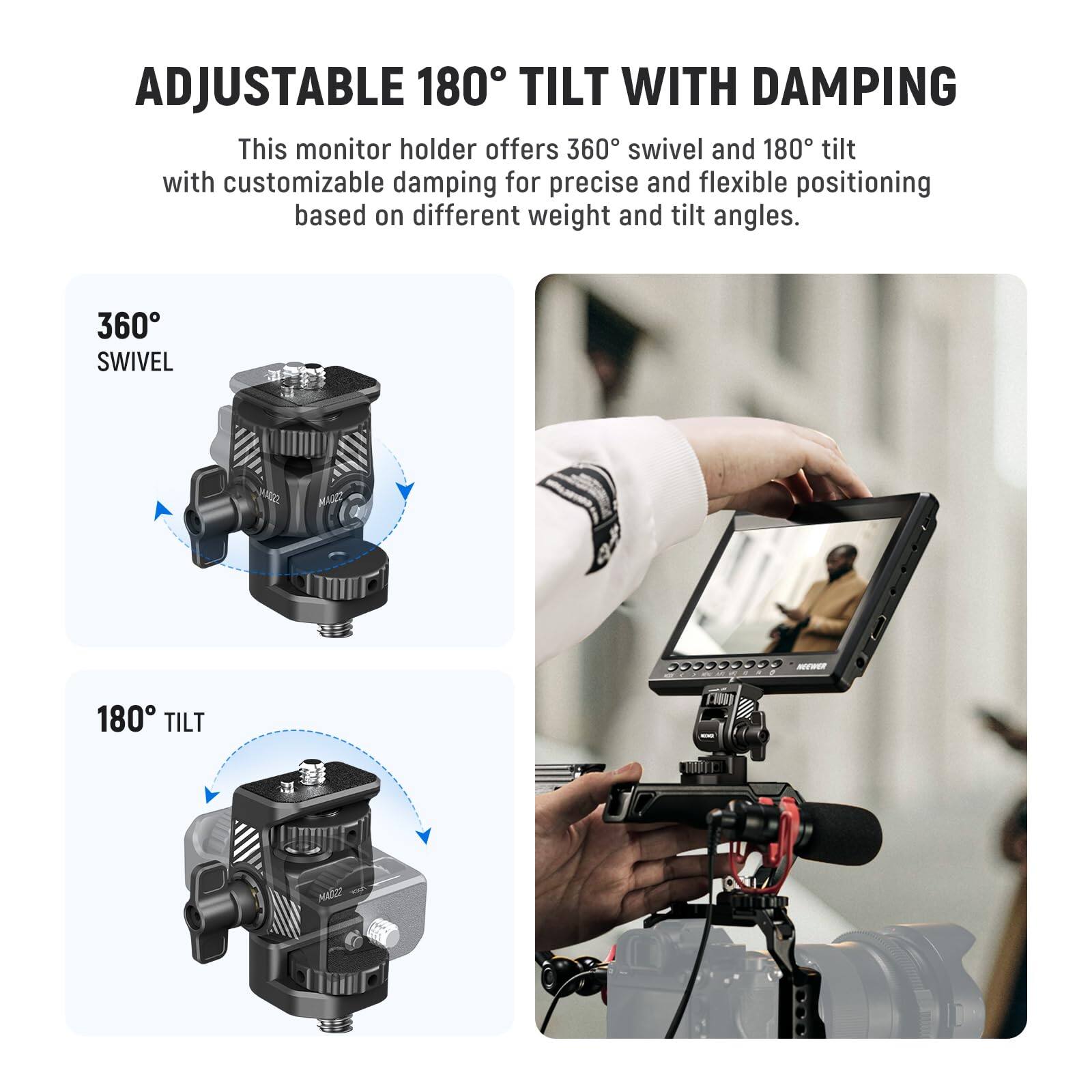 ADJUSTABLE 180° TILT WITH DAMPING

This monitor holder offers 360° swivel and 180° tilt with customizable damping for precise and flexible positioning based on different weight and tilt angles.

360° SWIVEL

180° TILT