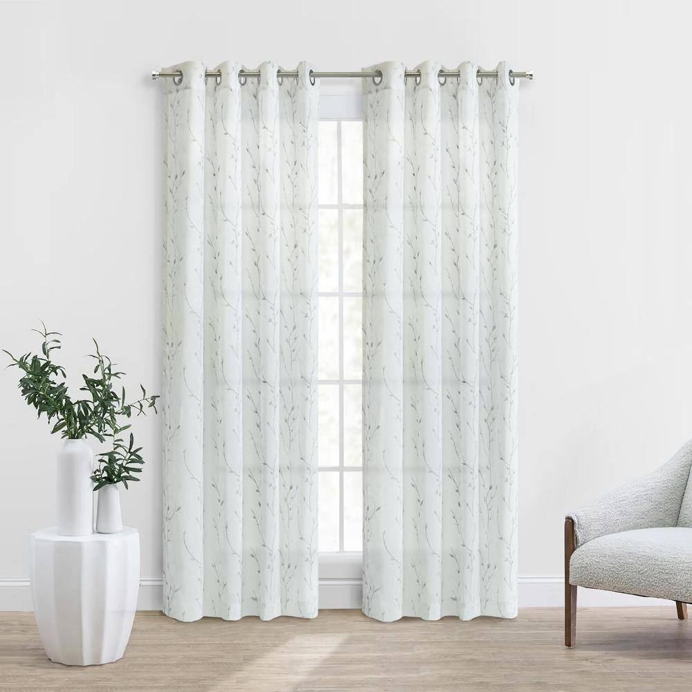 Angle. Commonwealth Home Fashions - Habitat Ivy Light Filtering Grommet Botanical Motif Print Curtain Panel for Livingroom 52" x 95" White - White.