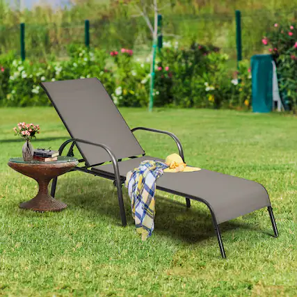 Front. Gymax - Gymax Adjustable Chaise Lounge Chair Recliner Patio Yard Outdoor w/ Armrest Brown - Brown.