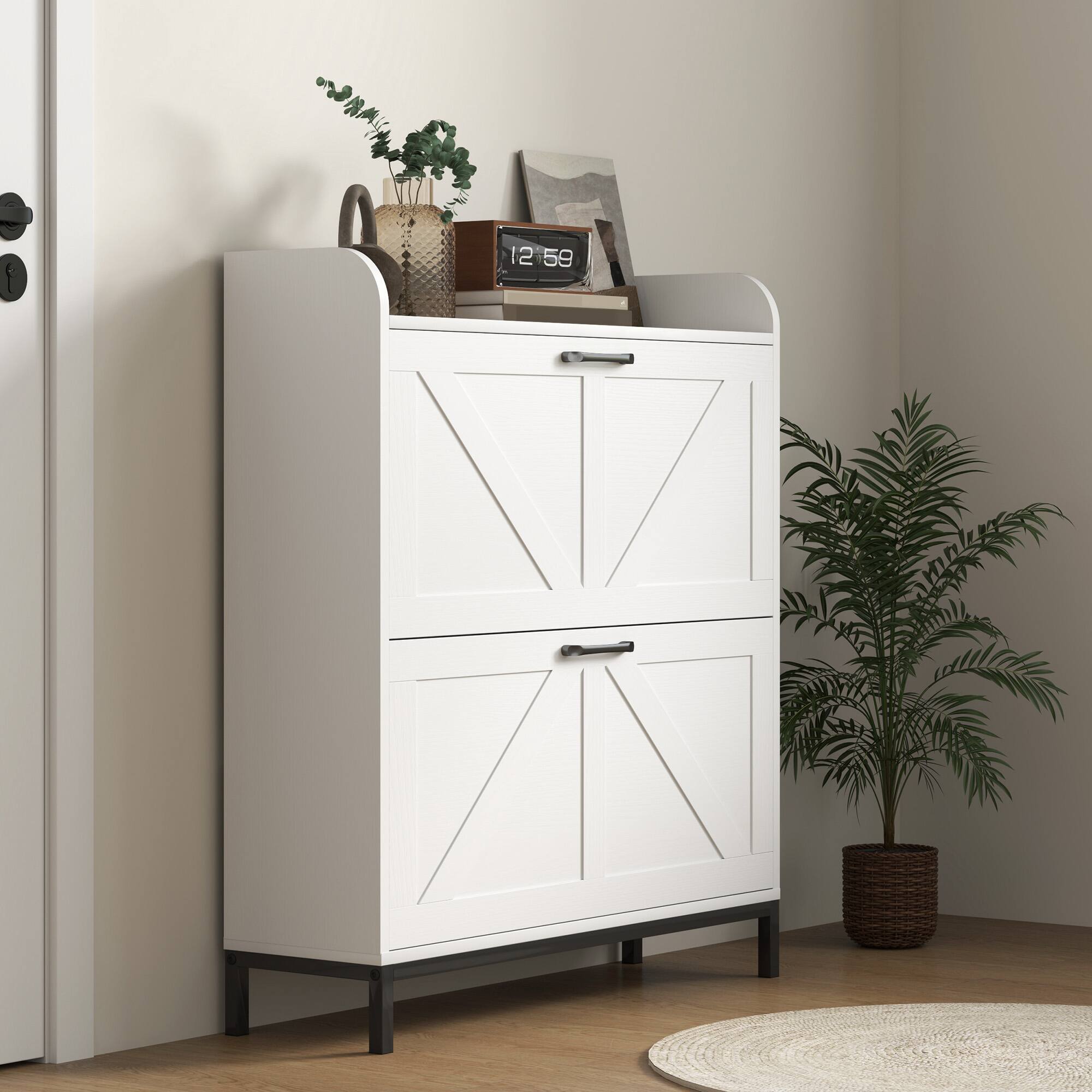 Alt View 7. Homcom - Shoe Storage Cabinet with 2 Flip Drawers, Legs, Farmhouse Freestanding Narrow Shoe Cabinet - White.