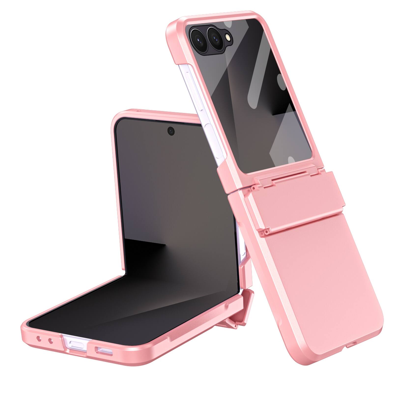 Angle. Dteck - Shockproof Case for Samsung Galaxy Z Flip7 with Hinge Protection, Hard PC Cover Built-in Tempered Glass Screen Protector - Pink.