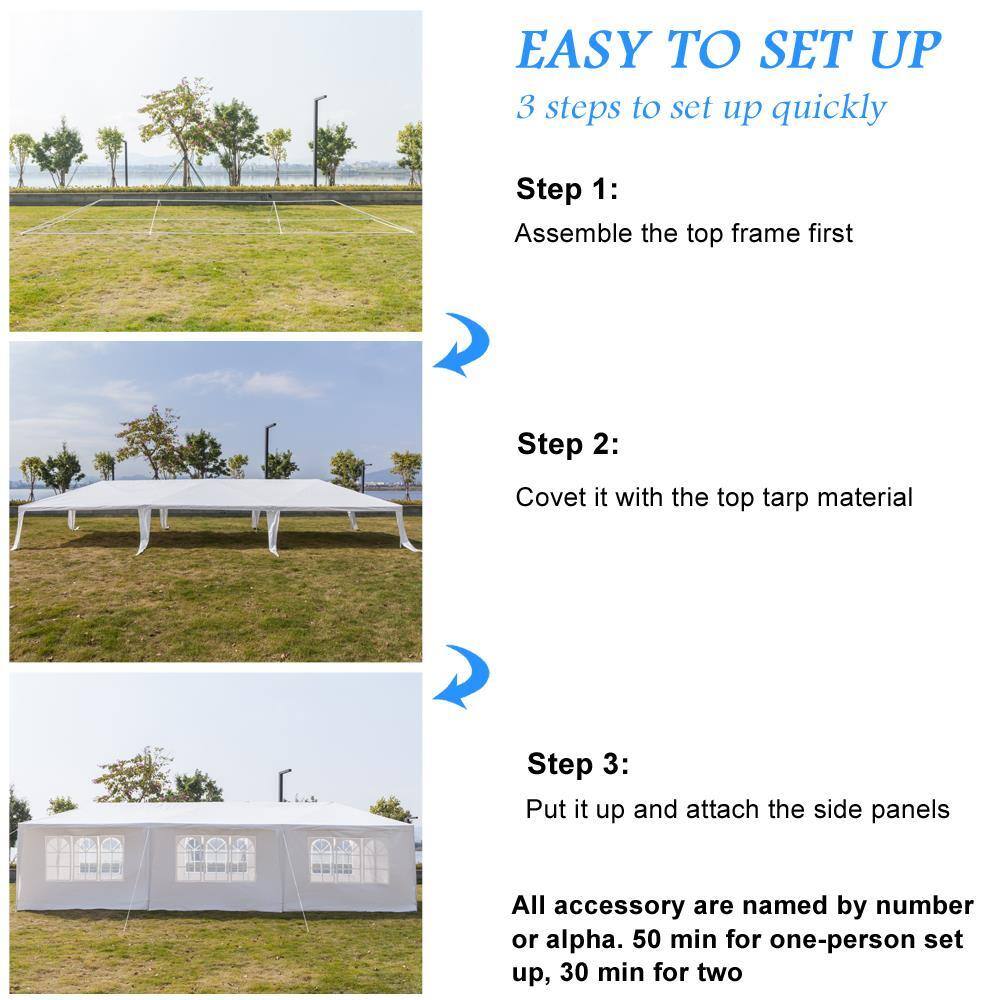 EASY TO SET UP  
3 steps to set up quickly  

Step 1:  
Assemble the top frame first  

Step 2:  
Cover it with the top tarp material  

Step 3:  
Put it up and attach the side panels  

All accessory are named by number or alpha. 50 min for one-person set up, 30 min for two