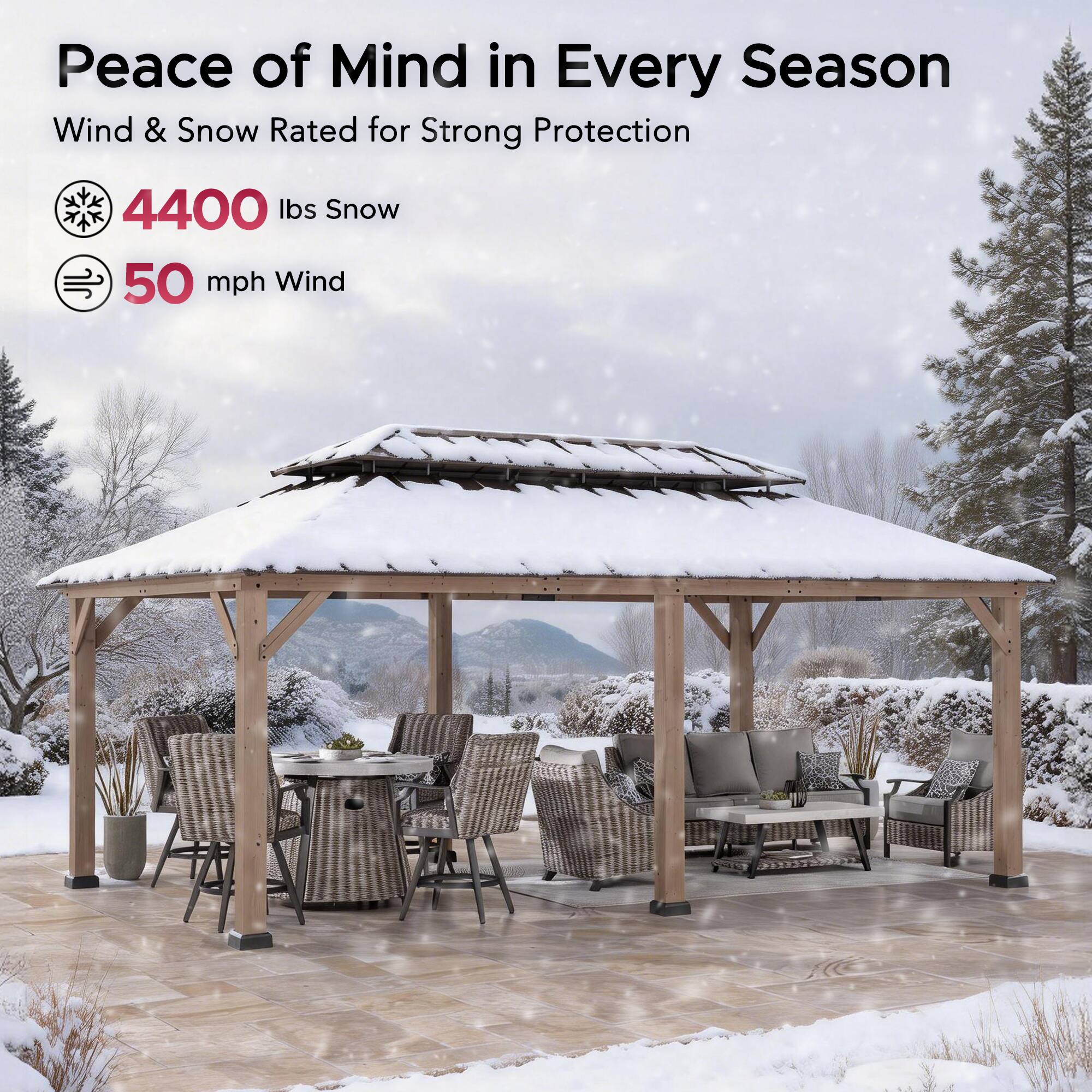 Peace of Mind in Every Season  
Wind & Snow Rated for Strong Protection  

4400 lbs Snow  
50 mph Wind