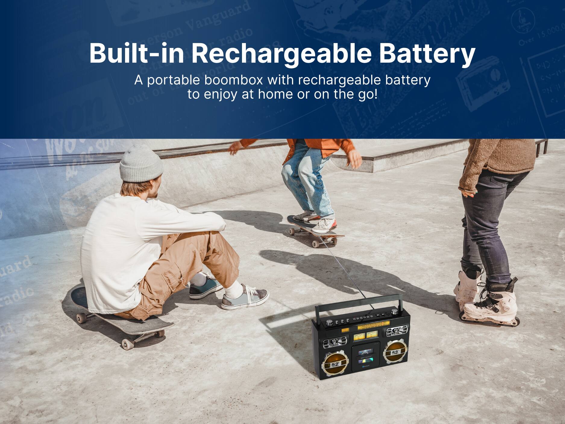 Built-in Rechargeable Battery
A portable boombox with rechargeable battery to enjoy at home or on the go!