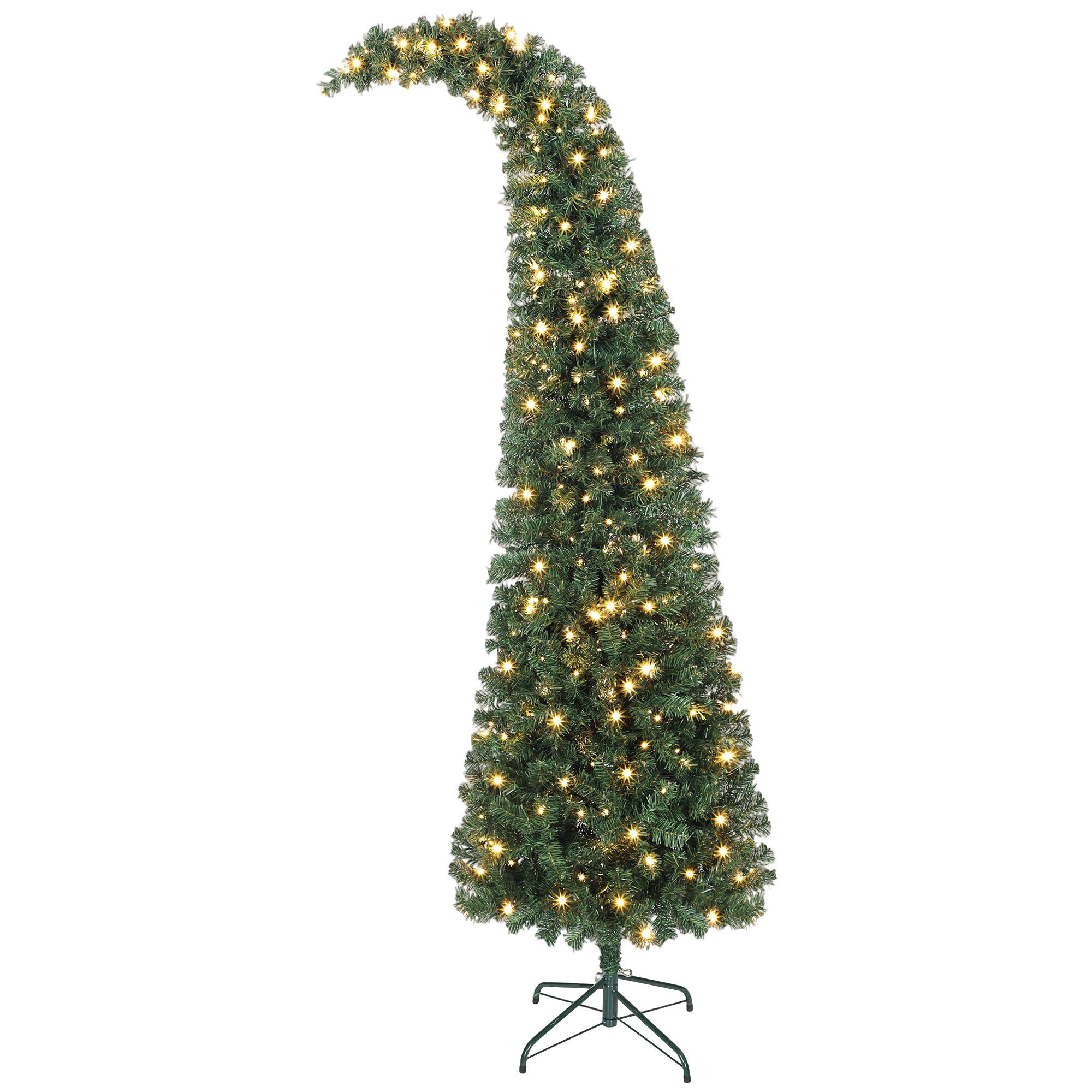 Homcom - Prelit Whimsical Slim Christmas Tree, High Mountain Fir, 300 Warm White LEDs, 8 Modes, 777 Tips, Metal Stand - Green