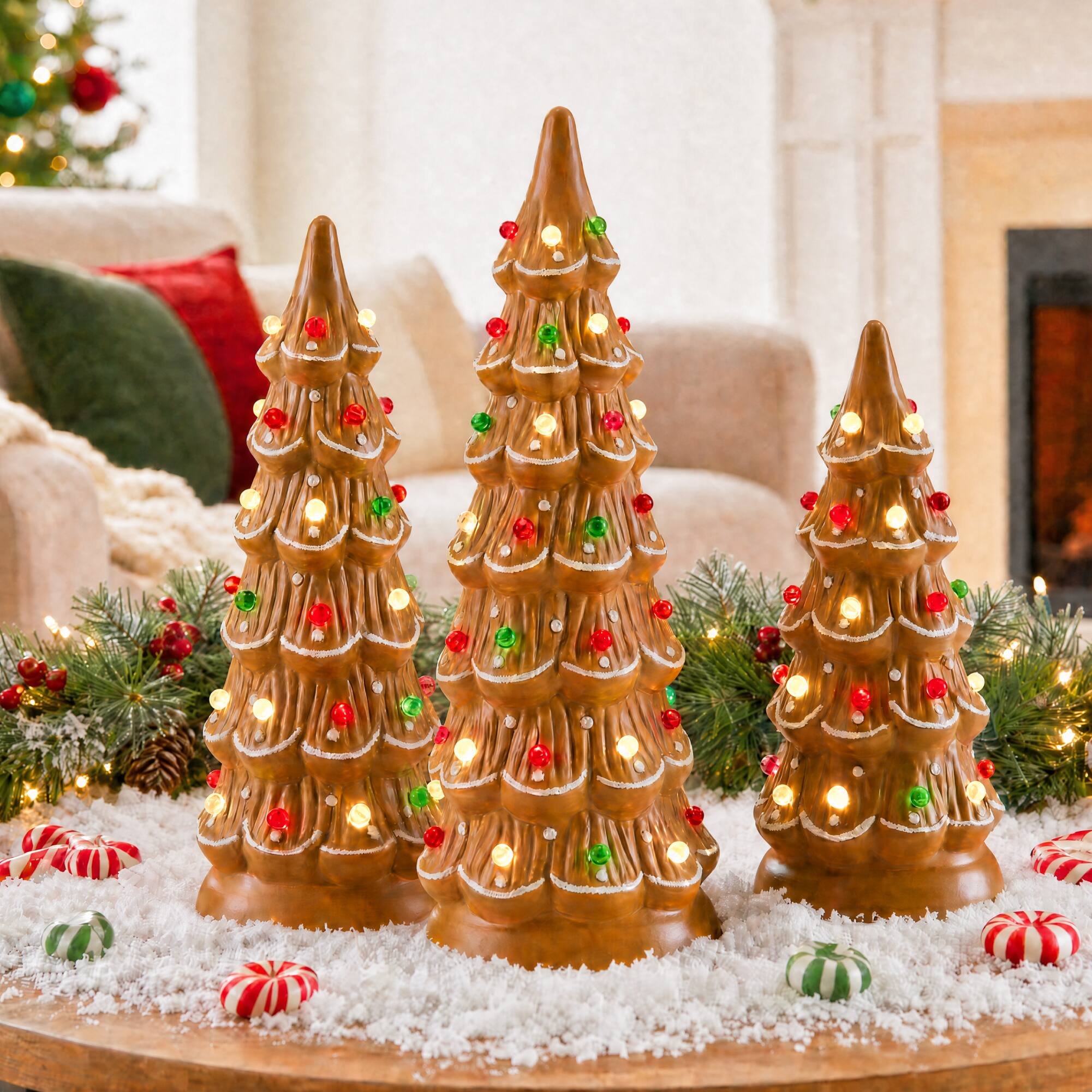 Alt View 7. Best Choice Products - Best Choice Products Set of 3 Pre-Lit Hand-Painted Ceramic Tabletop Christmas Trees w/ White/Red/Grn Bulbs - Gingerbread - White, Green & Red.