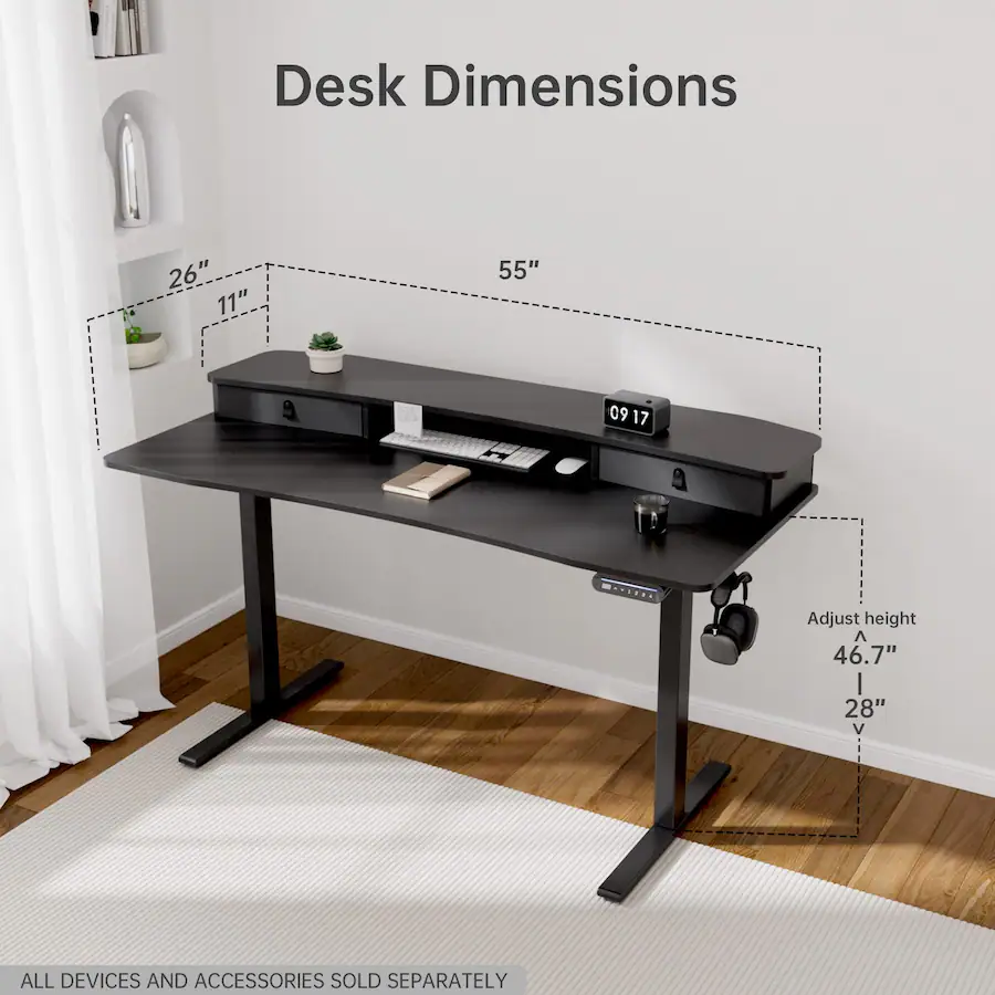 Deskwith Riser HUANUO Adjustable Standing Desk with Riser & Drawers 55″ x 26″ Black ...