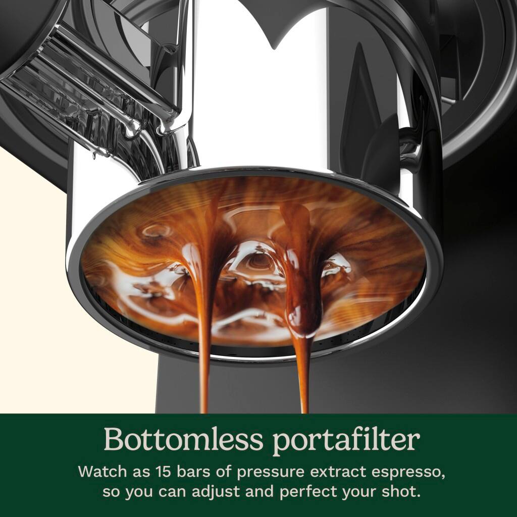 Bottomless portafilter: Watch as 15 bars of pressure extract espresso, so you can adjust and perfect your shot.
