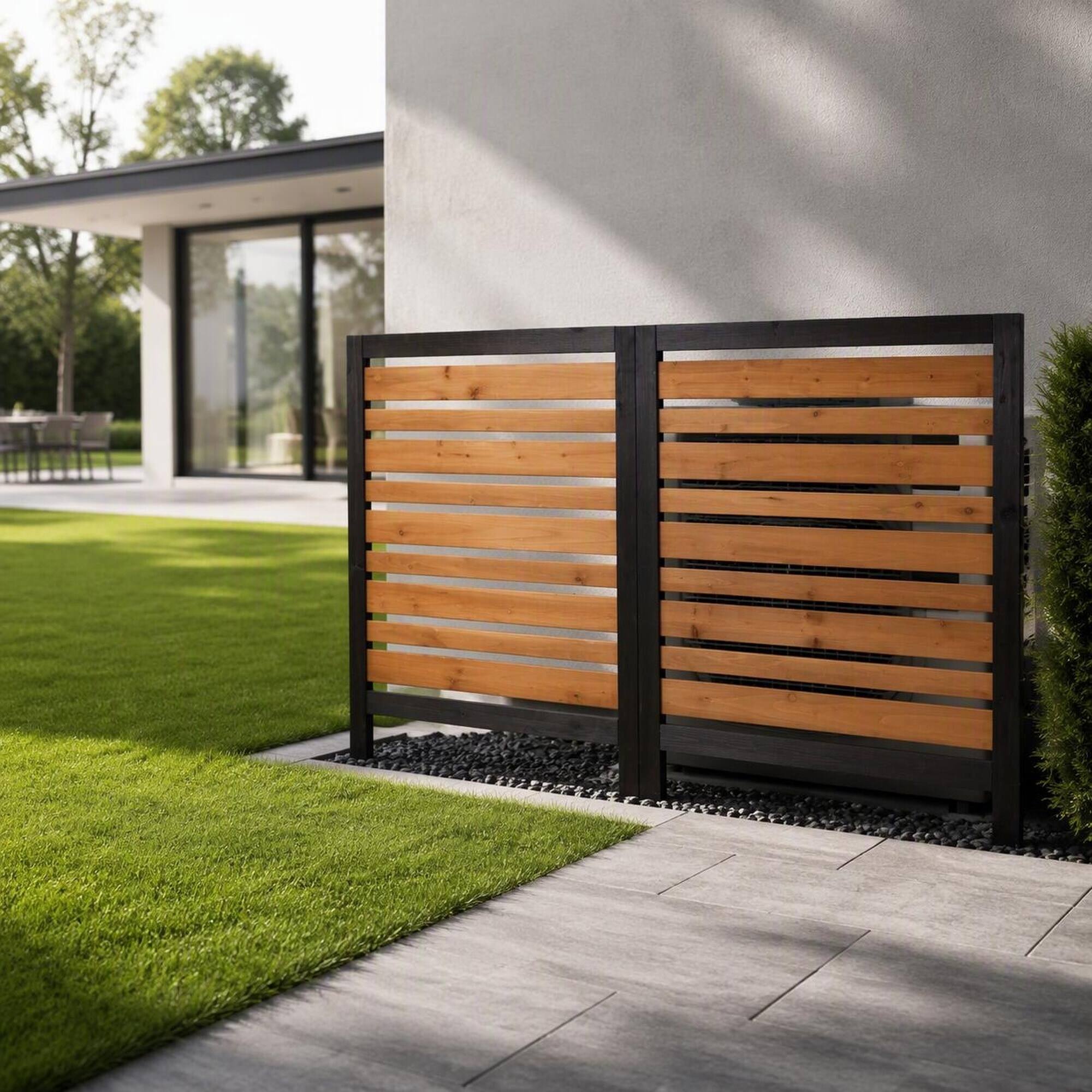 Angle. RYHNUYNE - Outdoor Wood Privacy Fence Screen for Air Conditioner, 3 Panels 38x42 Inch Natural Solid Wood Patio Garden - Black+Gold.