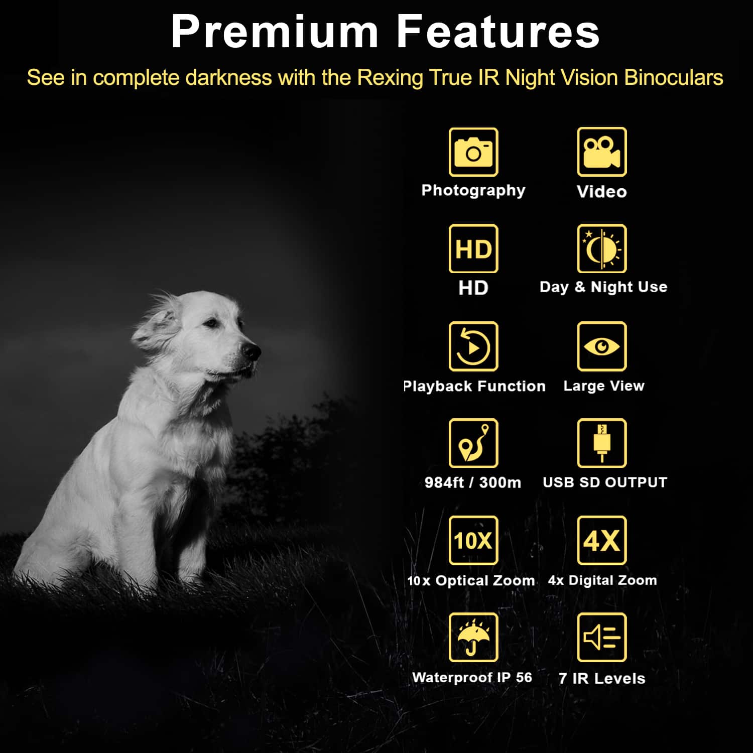Premium Features
See in complete darkness with the Rexing True IR Night Vision Binoculars
- Photography
- Video
- HD
- Day & Night Use
- Playback Function
- Large View
- 984ft / 300m
- USB SD OUTPUT
- 10x Optical Zoom
- 4x Digital Zoom
- Waterproof IP 56
- 7 IR Levels