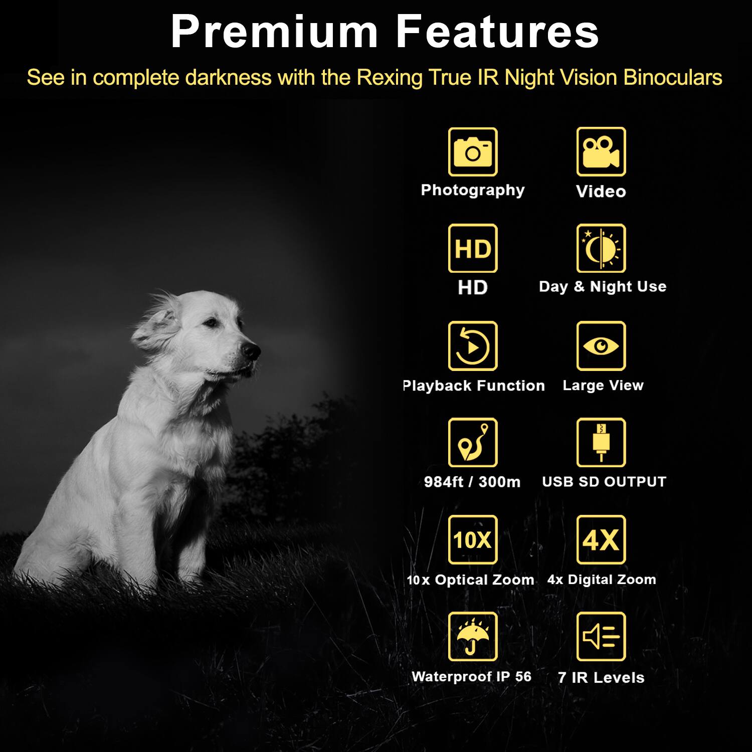 Premium Features

See in complete darkness with the Rexing True IR Night Vision Binoculars

- Photography
- Video
- HD
- Day & Night Use
- Playback Function
- Large View
- 984ft / 300m
- USB SD OUTPUT
- 10x Optical Zoom
- 4x Digital Zoom
- Waterproof IP 56
- 7 IR Levels
