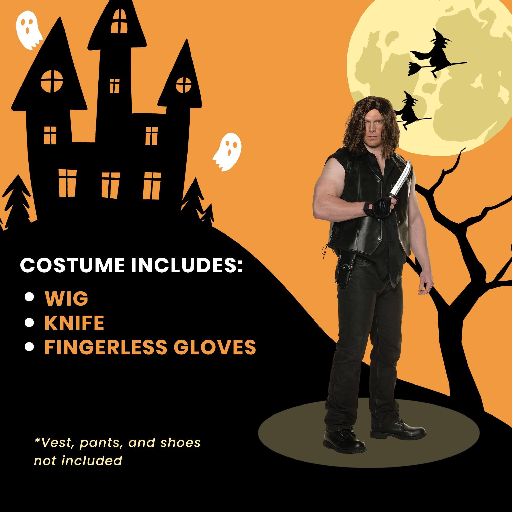 COSTUME INCLUDES:  
- WIG  
- KNIFE  
- FINGERLESS GLOVES  

*Vest, pants, and shoes not included